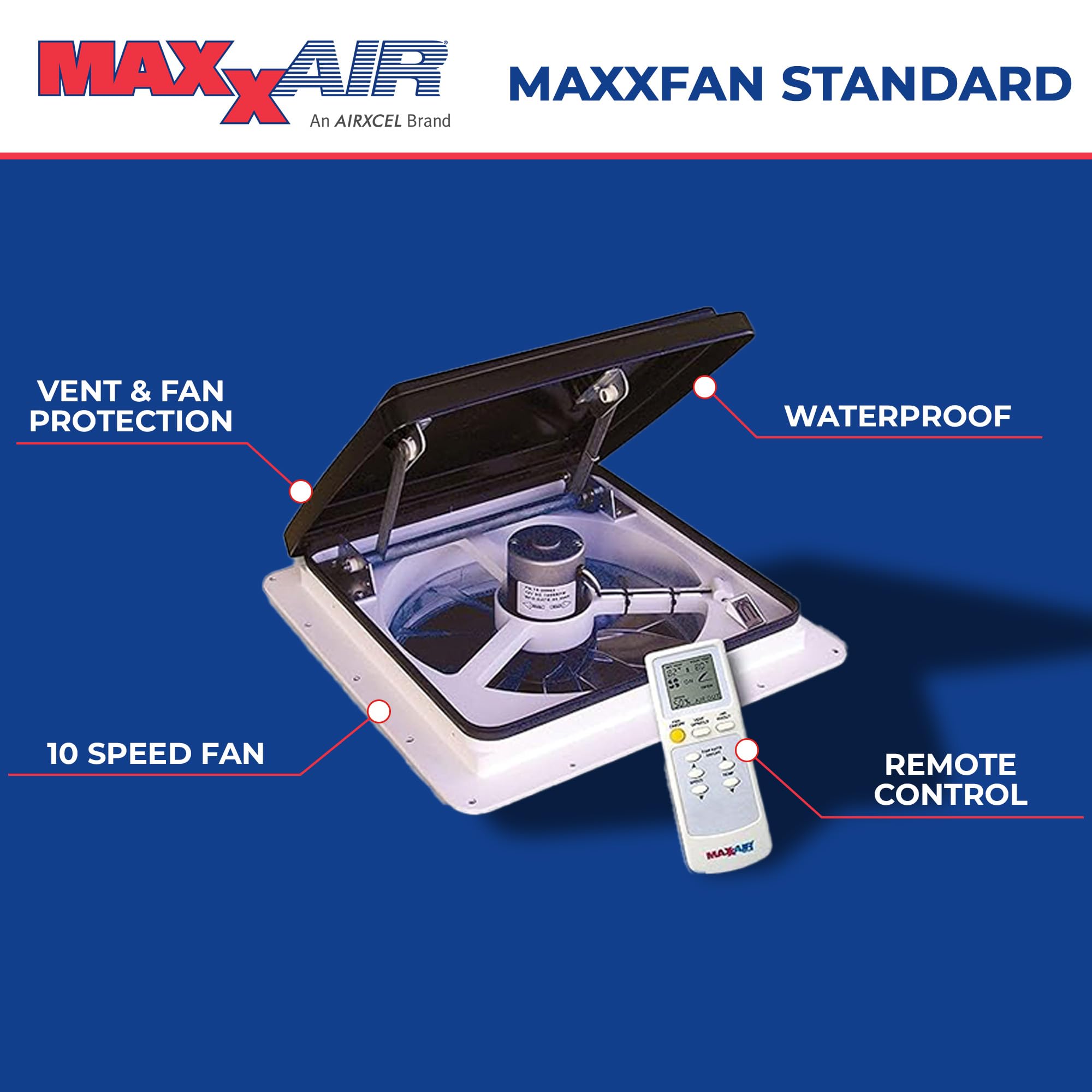 Maxxair Maxxfan Plus High Powered 10-Speed Rv Intake And Exhaust Fan - Manual Or Remote Control Electric Opening, Easy Ceiling Controls, Rain Sensor With Automatic Lid Closure, Smoke (00-04500K)