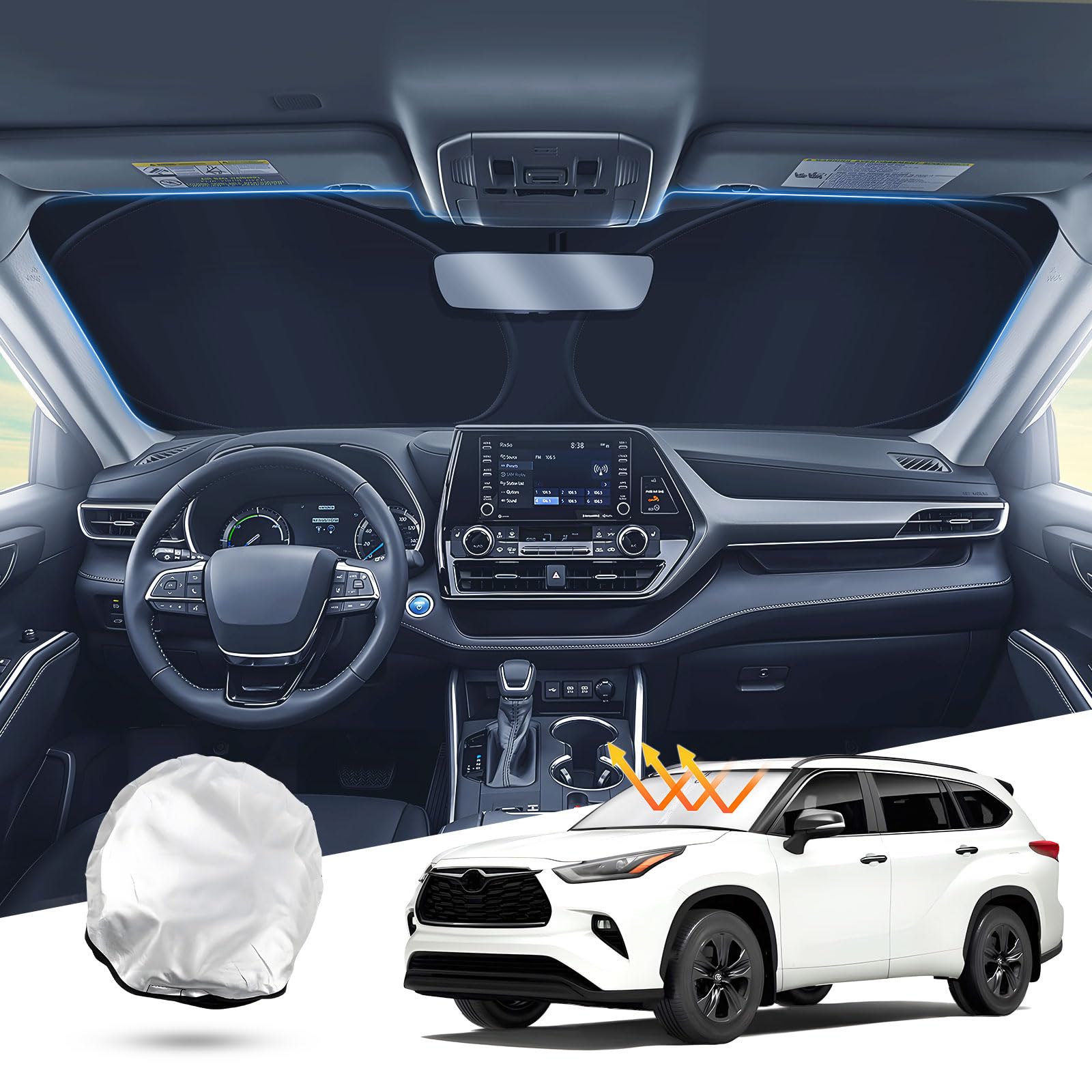 T Tgbros Windshield Sun Shade Custom Fit For 2020-2023 2024 2025 Toyota Highlander Accessories Foldable Sun Shield Reflective Po