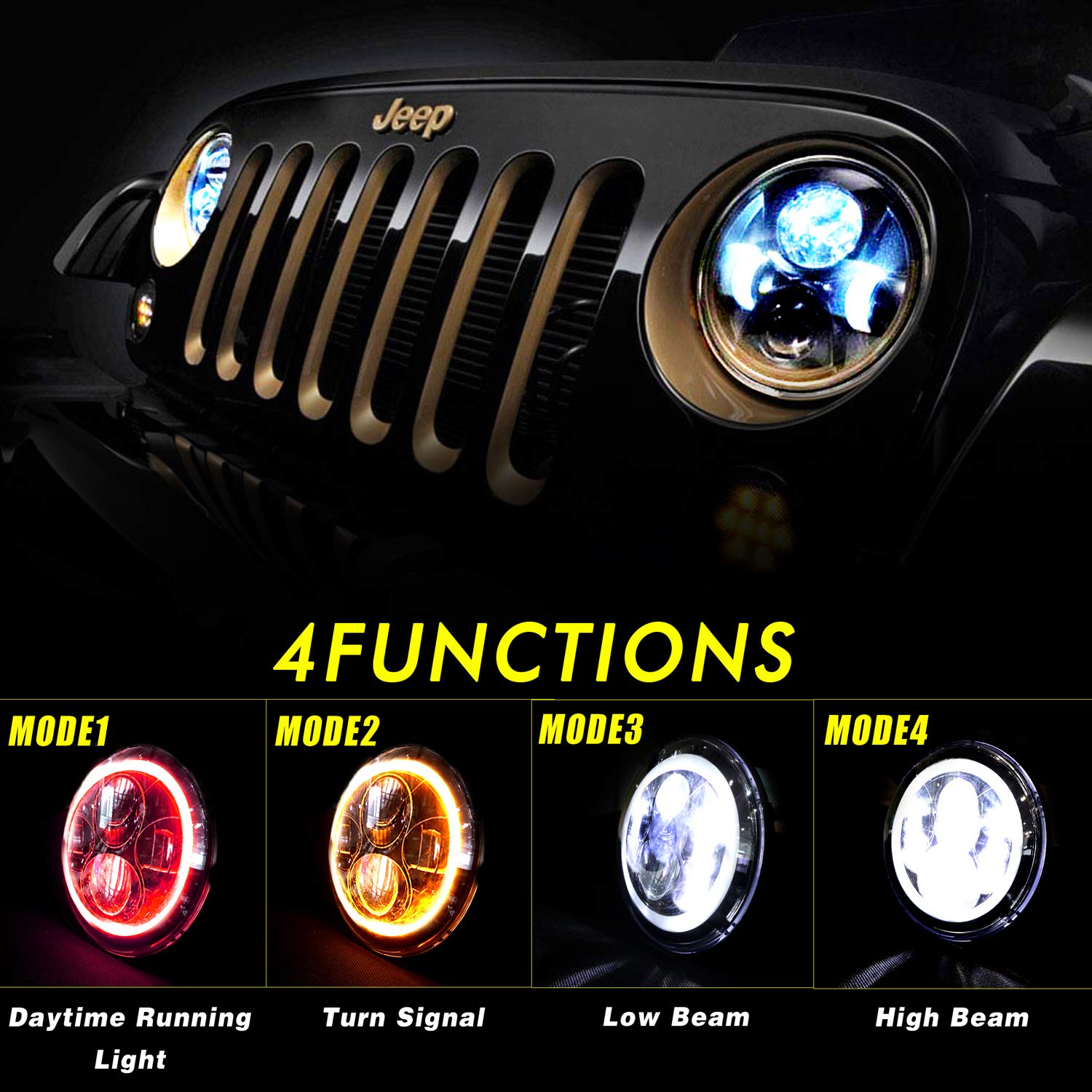 Yeego Direct 7 Inch Led Headlights Red Halo Ring Angel Eyes Daytime Running Light Drl Turn Signal High/Low Beam For Wrangler 199