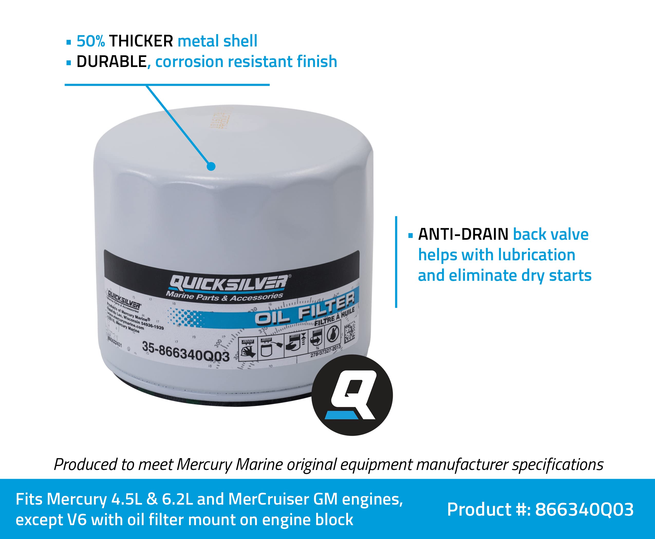 Quicksilver By Mercury Marine 866340Q03 Oil Filter, Mercruiser Sterndrive And Inboard Engines
