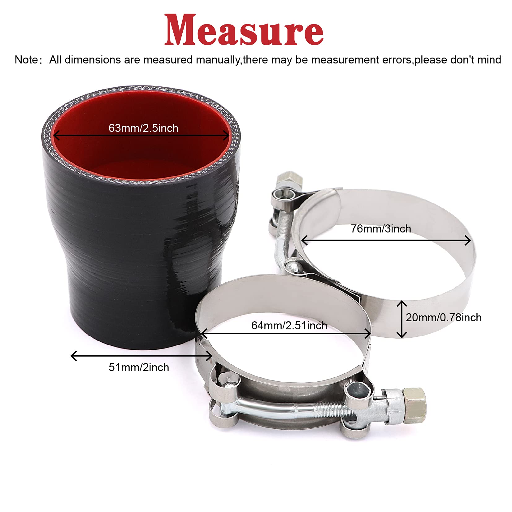 Straight Reducer Coupler Silicone Hose Id 2Inch To 2.5Inch 4-Ply With Stainless Steel T-Bolt Clamp For Turbo/Intercooler/Intake