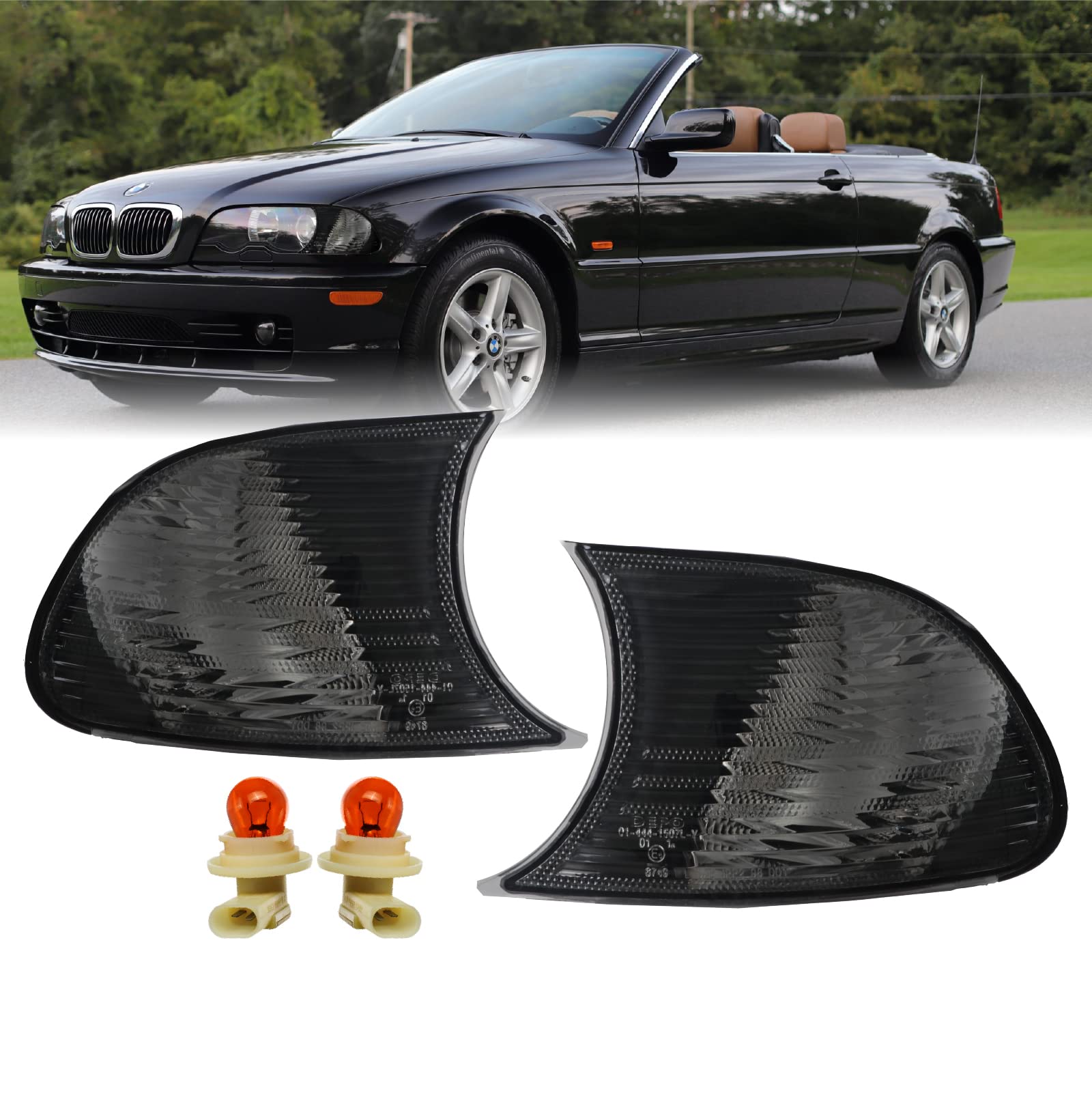 DEPO E46 2D Cornering Lights - Euro Smoke Screw-On Corner Turn Signal Lamps (Left + Right) Compatible with 2002-2003 BMW E46 3 S