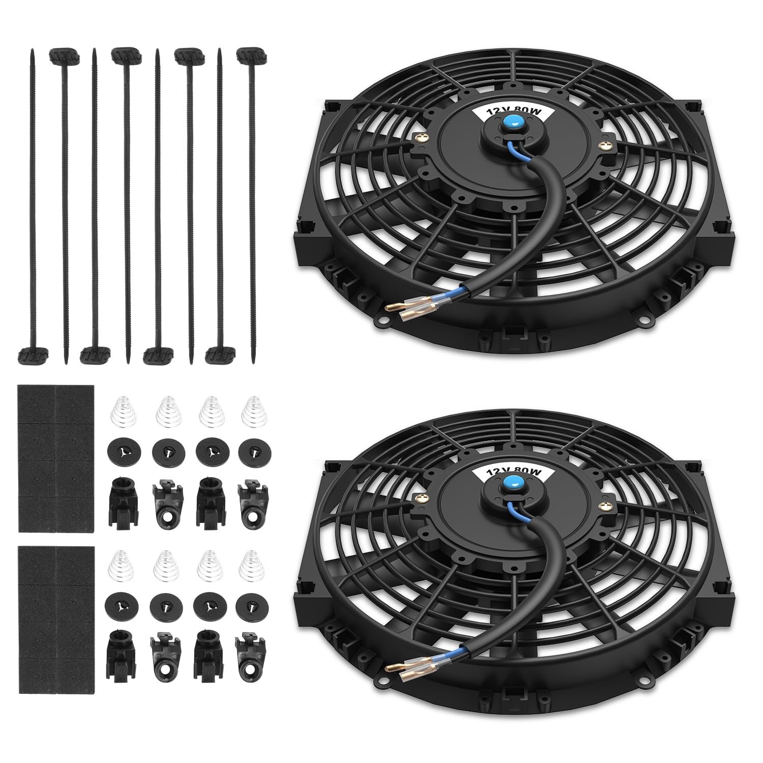 Auto Dynasty Universal 12 Inches High Performance Electric Slim Radiator Cooling Fan With Mounting Kit, (Pack Of 2) 12V, Black