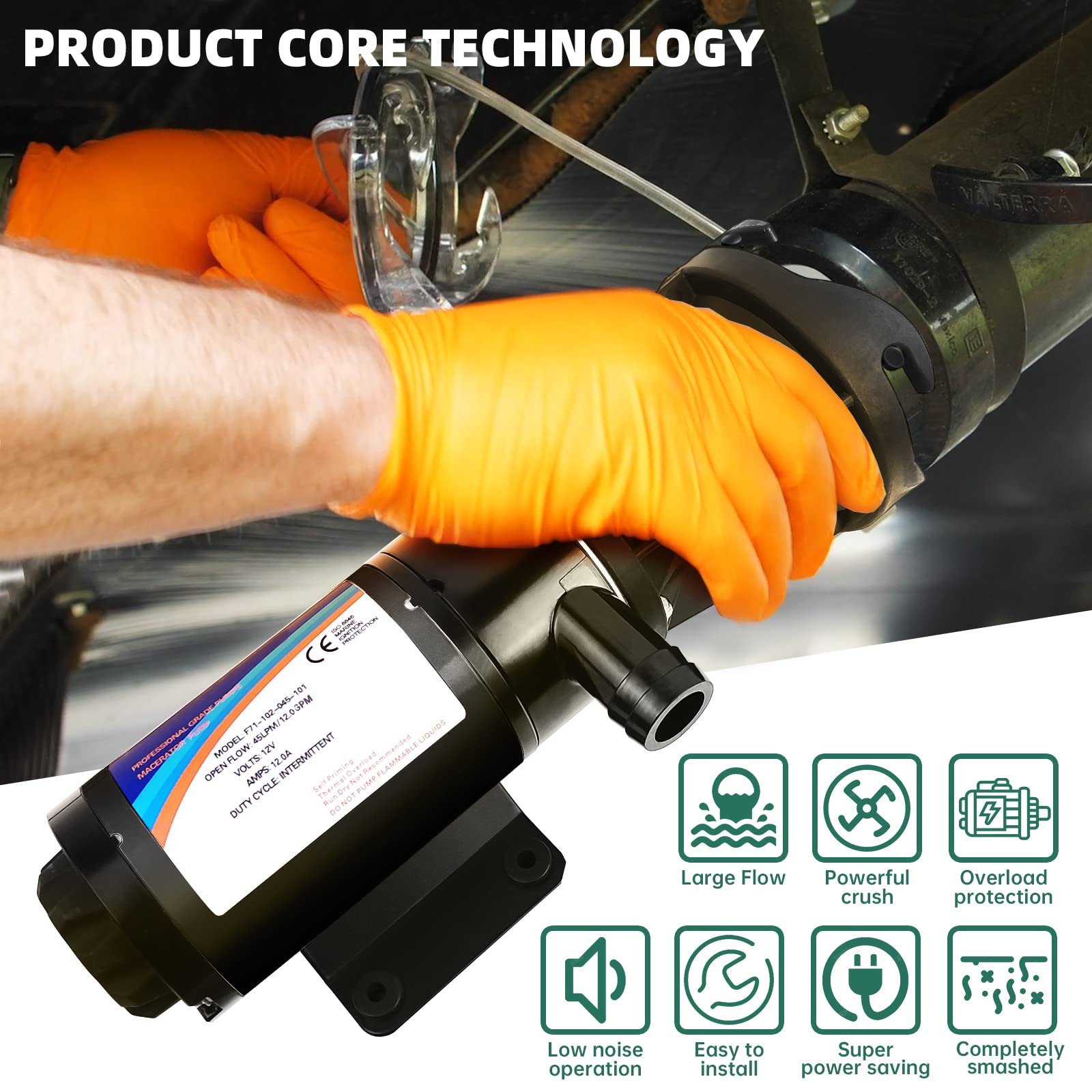 folconroad 12V Macerator Pump for RV - 12GPM Sewage Pump with Quick-Release & Garden Hose Discharge Port for Marine & Campers - Black