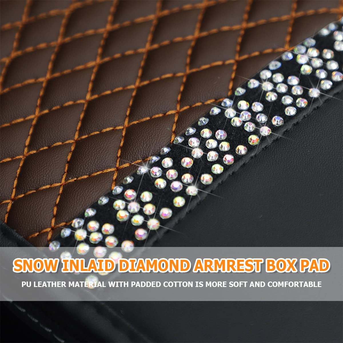 Bling Leather Car Center Console Cover, Car Center Console Protector With Glossy Crystal Rhinestone, Universal Waterproof Car Armrest Seat Box Cover For Most Car, Vehicles, Suvs, Trucks (Brown)