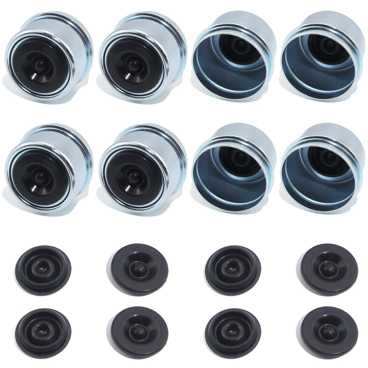 Grepspud 8Pcs 1.98'' Trailer Hub Bearing Dust Caps, Trailer Axle Dust Cap Cup Wheel Center Grease Cover Caps & 8Pcs Extra Rubber