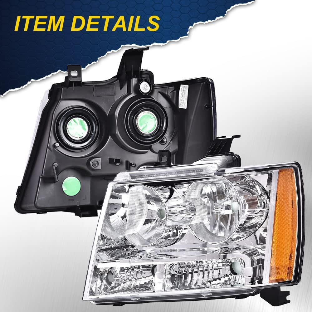 Cheda Headlights Assembly, Compatible With 2007-2014 Chevy Tahoe Suburban 1500, Clear Lens Chrome Housing Amber Reflector Headla