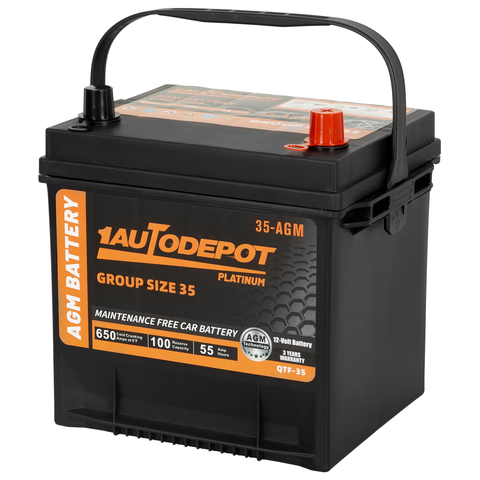1Autodepot Bci Group 35 Car Battery, 12V 55Ah Automotive Battery Premium Maintenance Free Agm Batteries, 650Cca, 100Rc, 36 Month