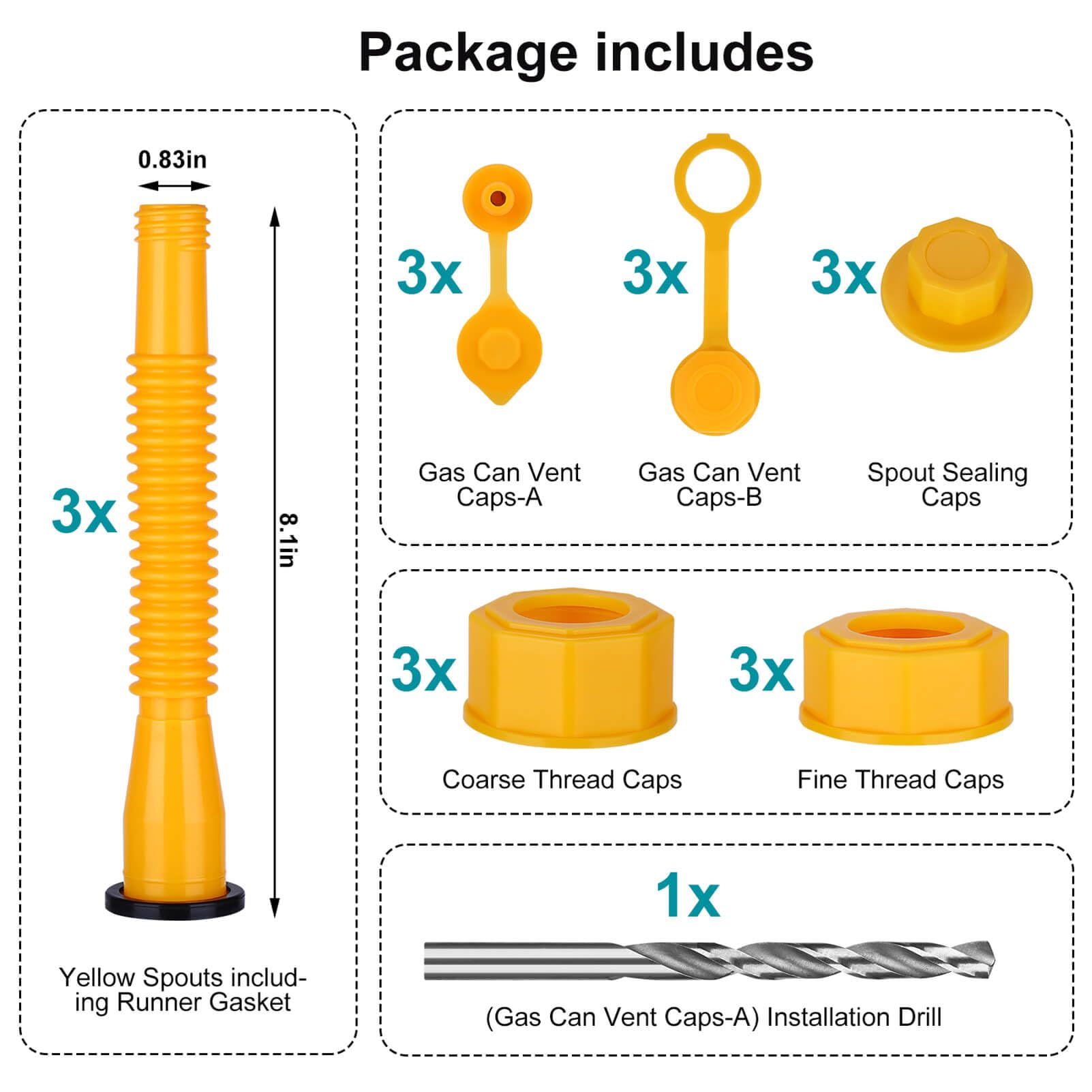 BESOTDN Gas Can Spout Replacement Kit - Yellow Flexible Nozzle with 3 Coarse & 3 Fine Thread Caps, Leak-Proof Design