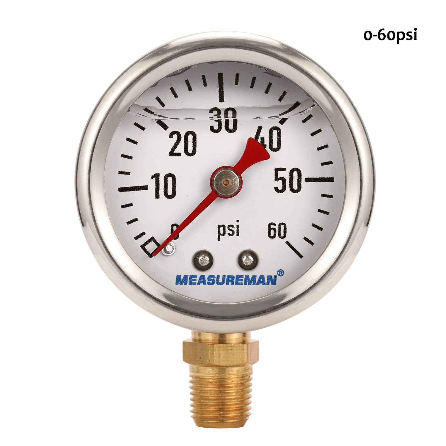 Measureman 1-1/2'' Dial Size, Glycerin Filled Fuel Pressure Gauge, 304 Stainless Steel Case, 0-60Psi, +/-3-2-3%, 1/8'' Npt Lower