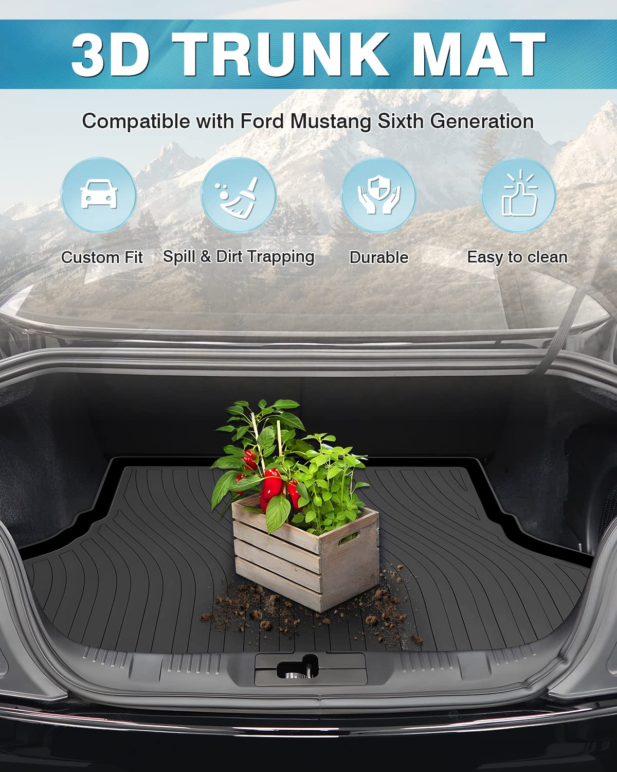 Mixsuper Cargo Liner for 2015-2025 Ford Mustang Coupe (Fits Models Without Subwoofer in Cargo Area) All Weather Trunk Liner Rear