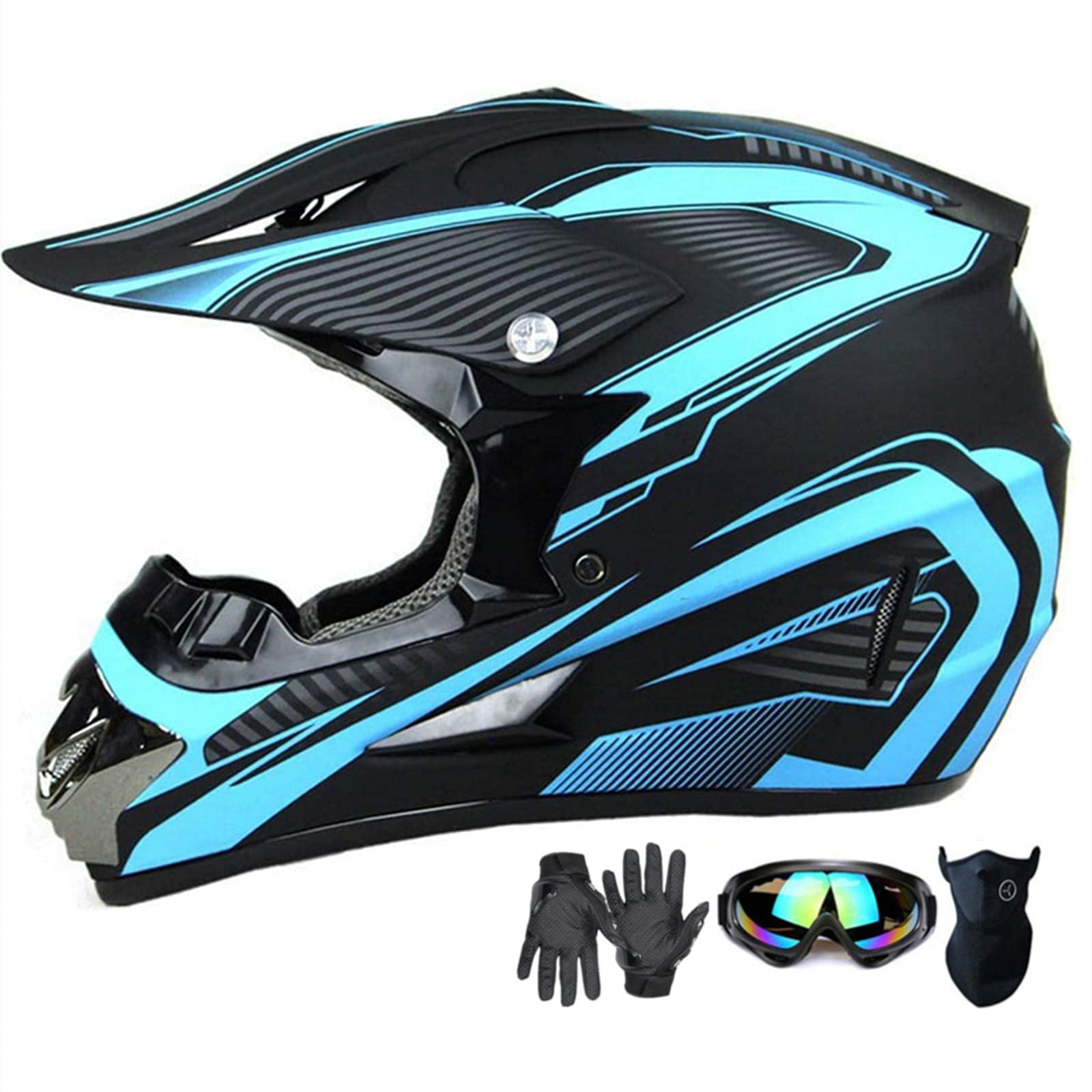Motocross Helmet,Adult &Youth Trend Full Face Helmet,Atv Motorcycle Helmet,Dirt Bike Downhill Off-Road Mountain Bike Helmet,Dot Certified,4-Piece Set (Blue, M)