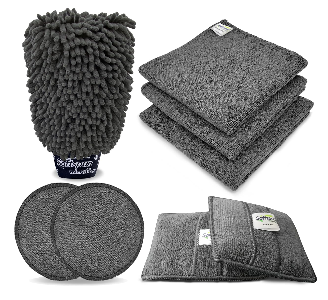 SOFTSPUN Microfiber Chenille & SingleSide Gloves 1700GSM & 2 Round & 2Square Polishing Pads with Towel 340GSM 3Piece Pack of 8 C