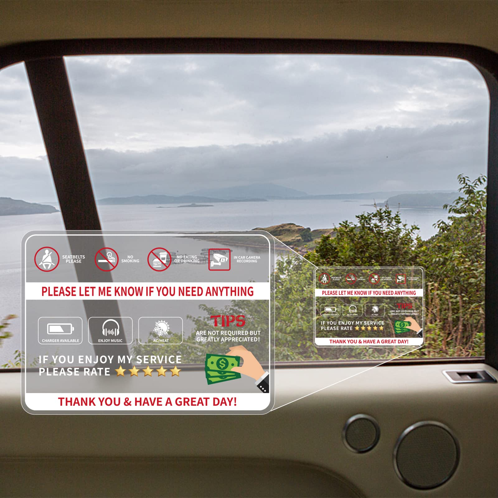 Rideshare Rating Tips Sign 7” X 5” Window Stickers Decal Removable Taxi Car Safety Warning Sign 6 Pack