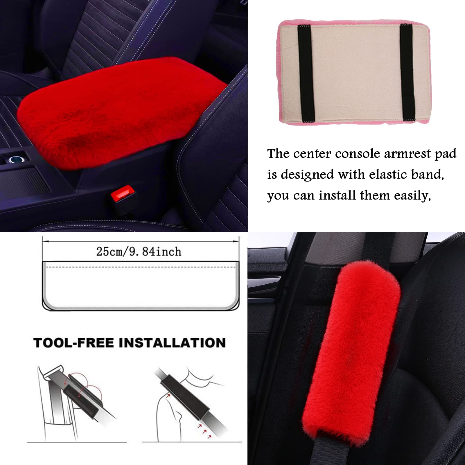 Zynqacc 1 Set 8 Pieces Fluffy Steering Wheel Cover Set,Warm Soft Fuzzy Steering Wheel Covers For Women/Girls,Universal 15 Inches Girls Car Accessories (Red)