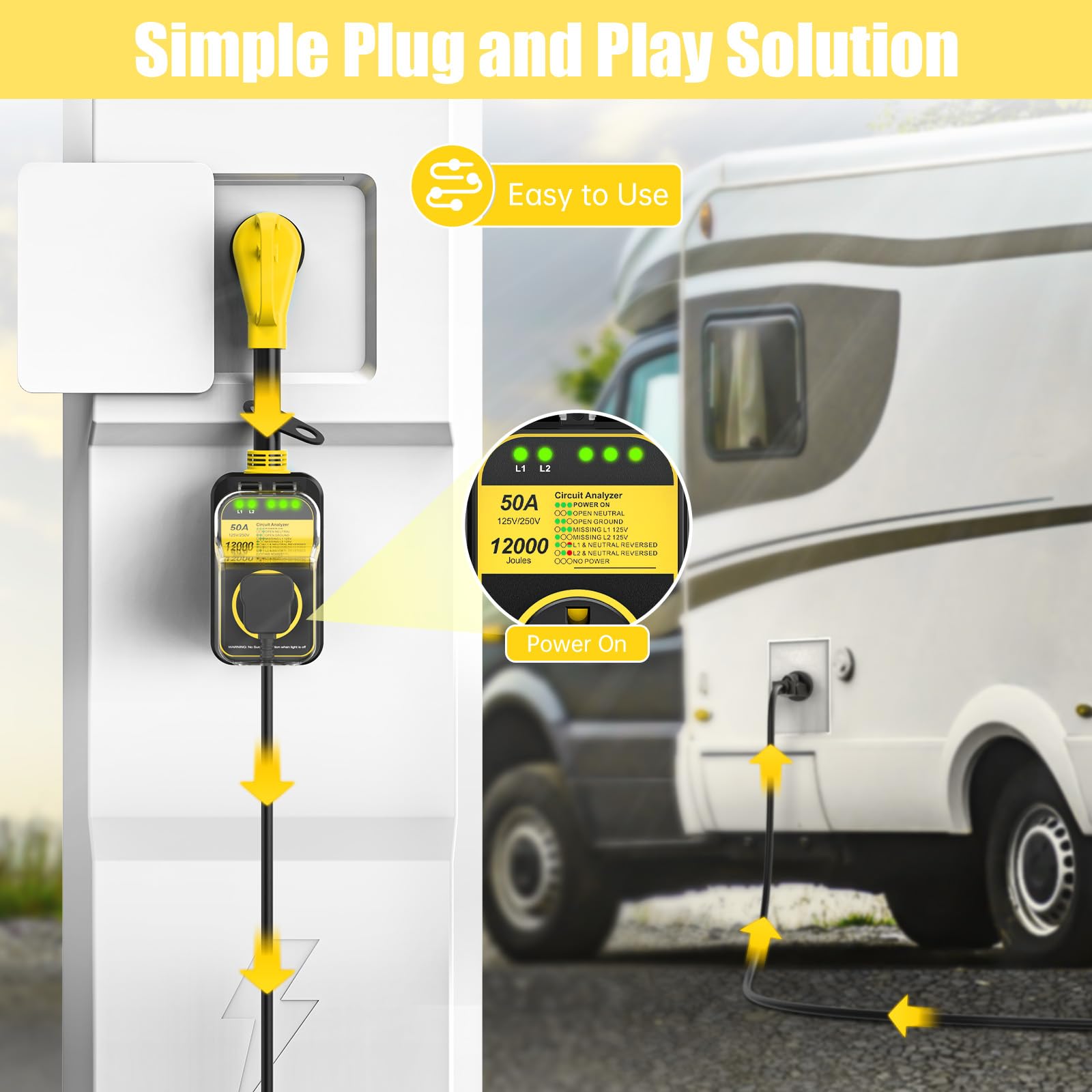 Millionhome Rv Surge Protector 50 Amp, 12000 J Rv Circuit Analyzer, Rv Surge Protection, 50A Rv Adapter Plug For Camper Yellow