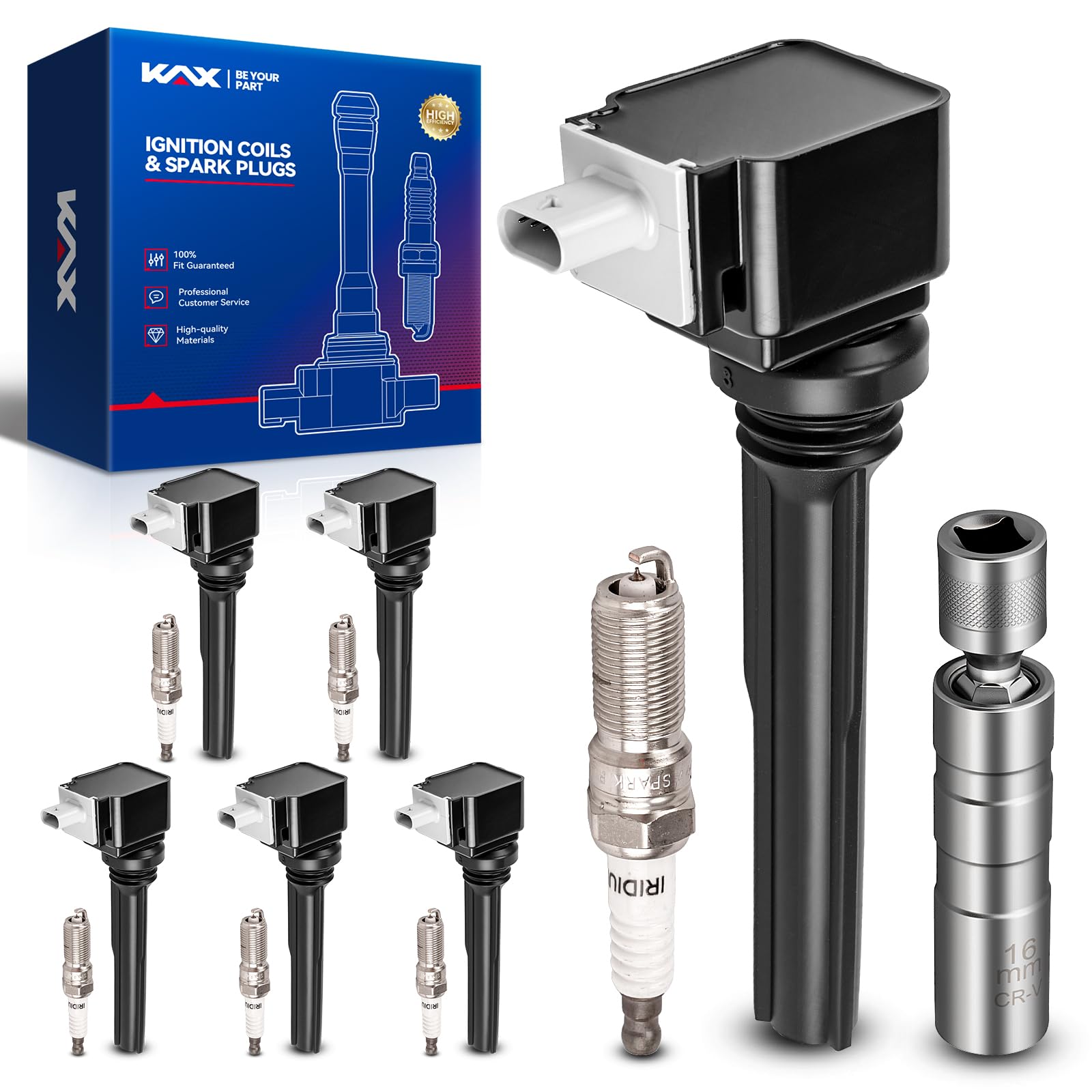 KAX Set of 6 Ignition Coils & Iridium Spark Plugs w/Magnetic Socket for Ford F-150 2017-2019 3.5L GAS, Expedition 2018-2019, GT 