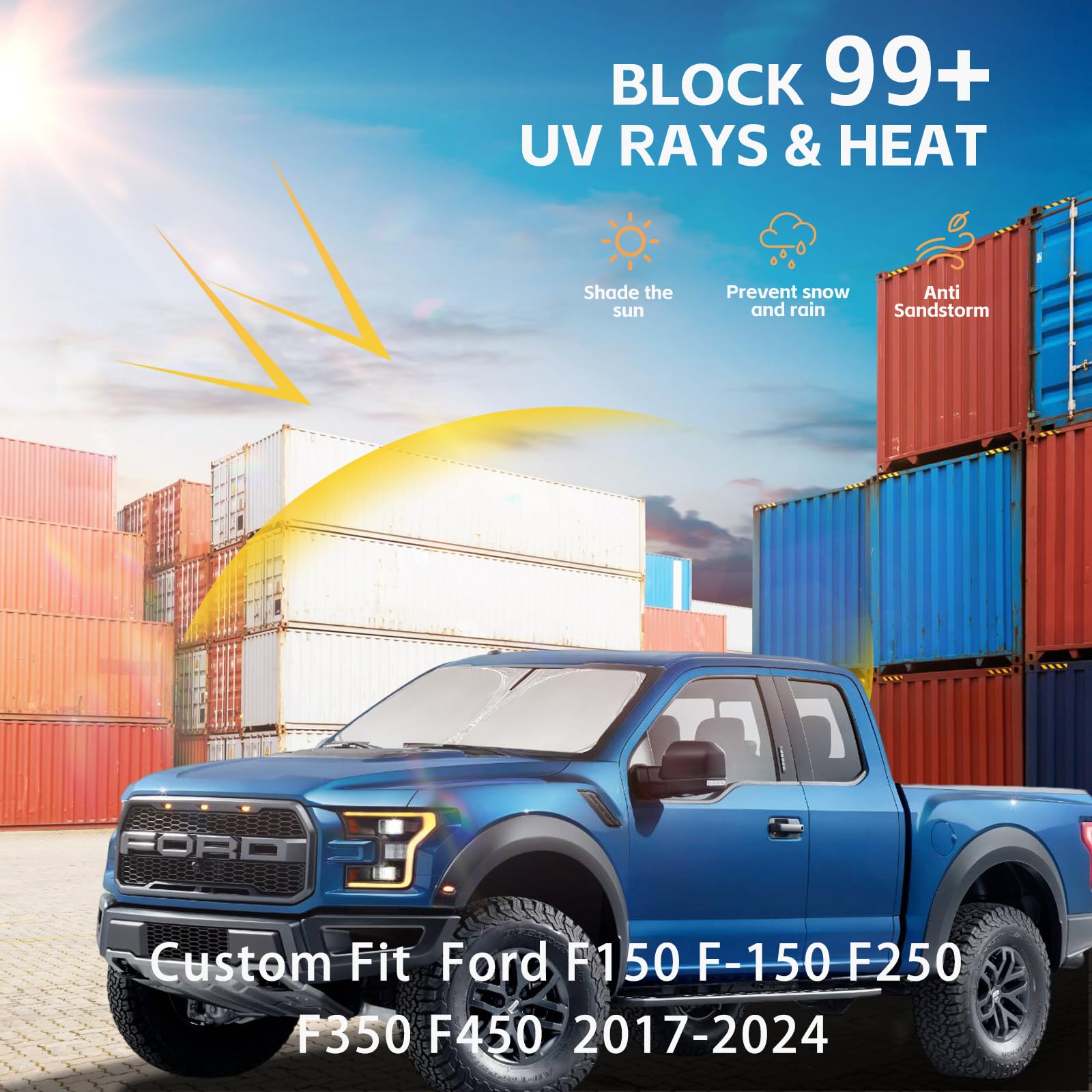 Windshield Sun Shade For Ford F150 2017-2024 Double Layer 240T Front Window Shade Custom Fit F-150 F150 F250 F350 F450 Sun Visor