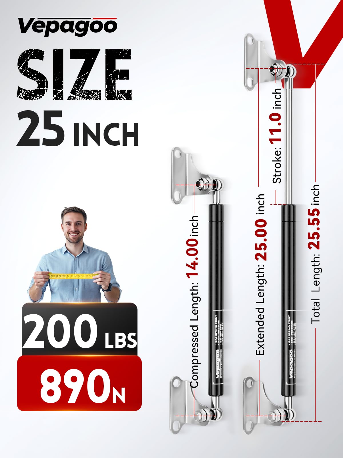 Vepagoo Gas Struts 25 Inch 200Lb/890N Shock With Mounting Brackets, Rv Bed Storage Door Lift Support, Heavy Lid Duty Springs (Fi