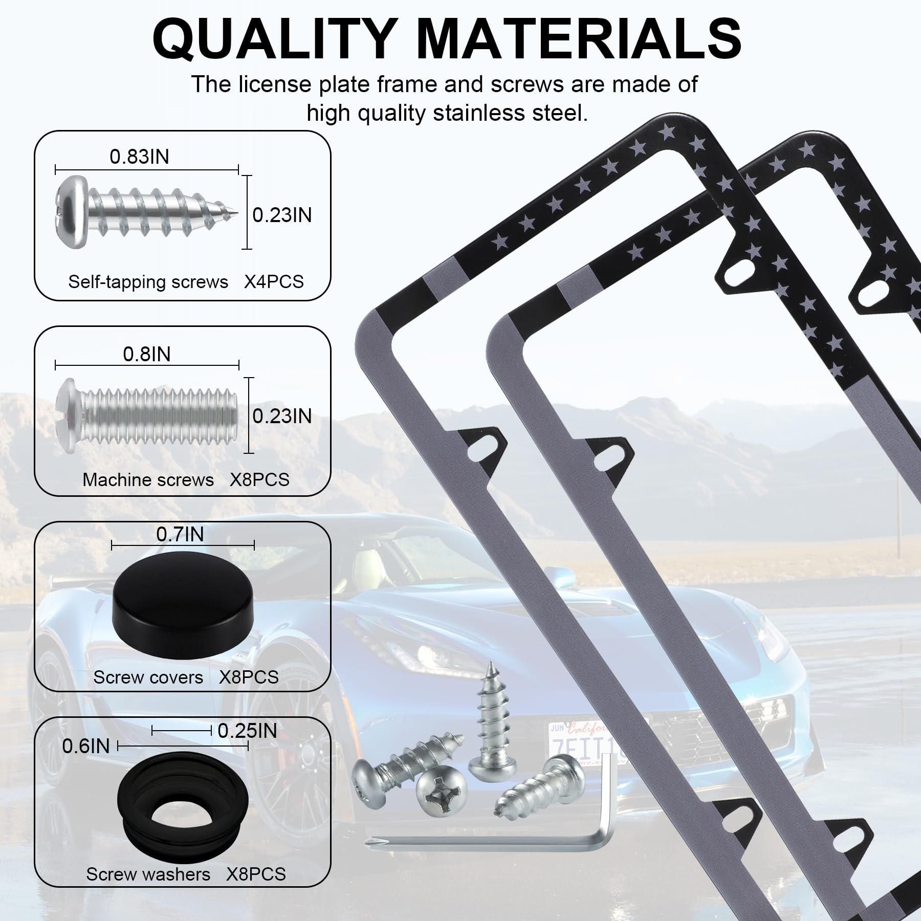 Livtee American Flag License Plate Frames, 4 Holes Stainless Steel License Plate Covers, 2Pcs Car License Plate Holder, Automoti