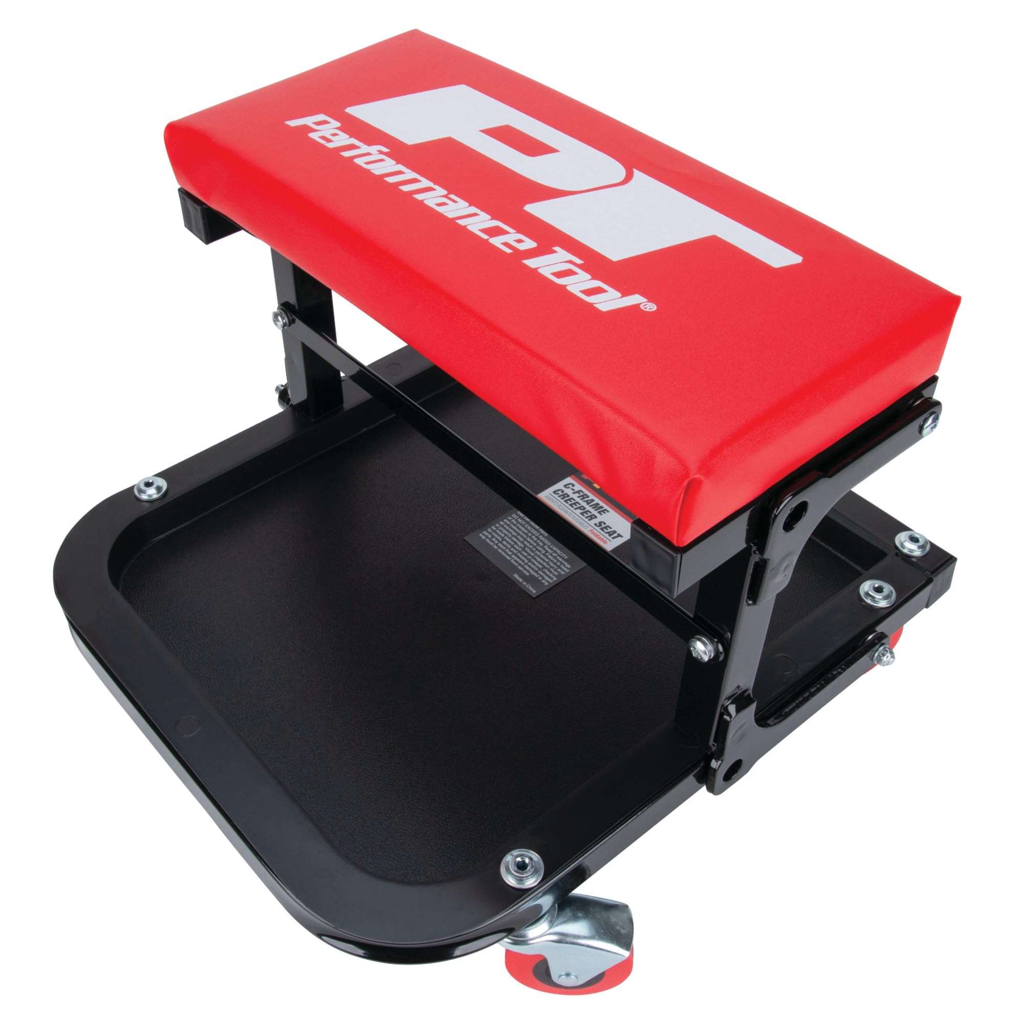 Performance Tool W85021 Folding C-Frame Creeper Rolling Work Seat with Tool Tray for Mechanic Garages and Workshops, Black/Red, 