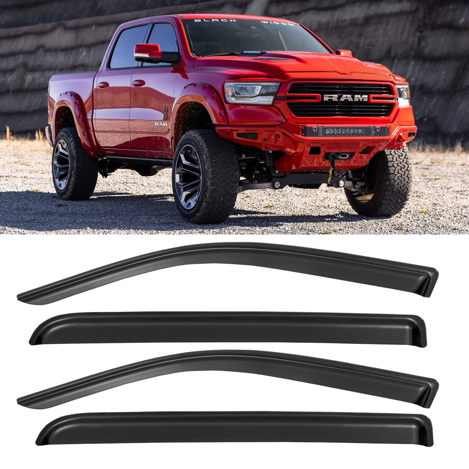 Window Visors Rain Guards For 2019-2025 Dodge Ram 1500 Crew Cab (New Body Style), Out-Channel Window Vent Wind Deflectors Shades