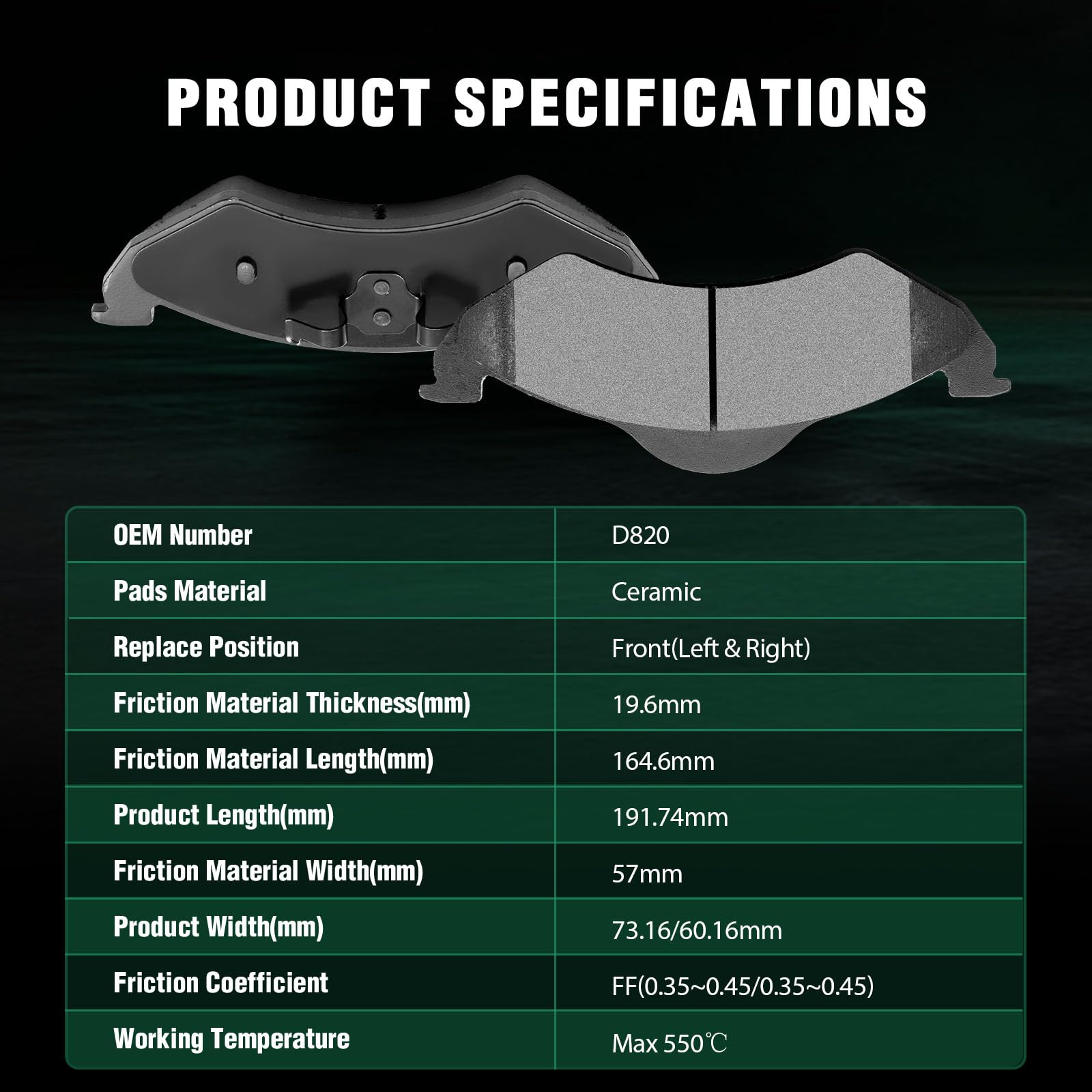 Automuto 4Pcs Front Ceramic Disc Brake Pads Set D820 For Dodge Dakota 2000-2002,For Dodge For Durango 2000-2002