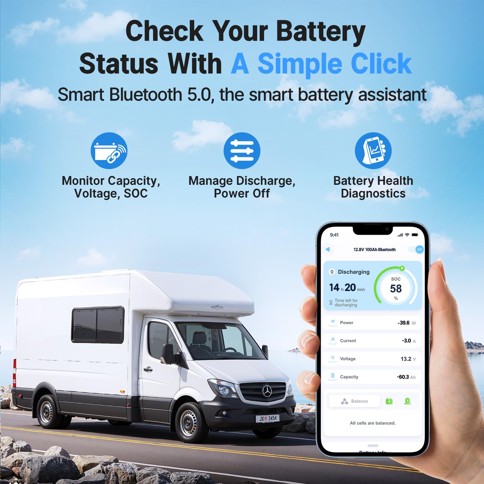 Redodo Smart Bluetooth 12V 100Ah LiFePO4 Battery with Remote Control & Low-Temp Protection for Marine, RV, Solar, Trolling Motor