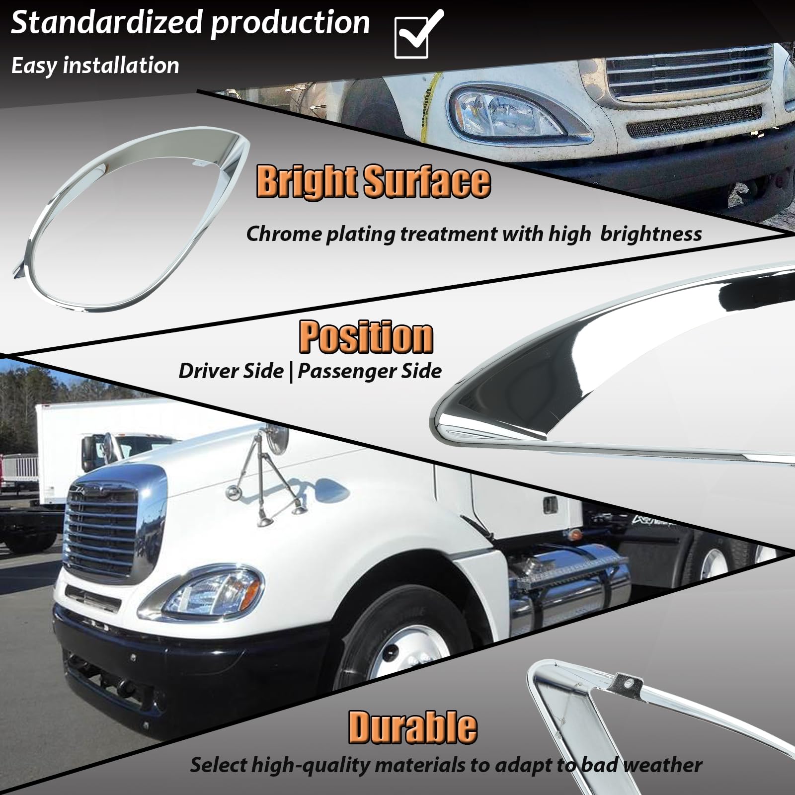 Baclaugh Chrome Headlight Bezel Trim Driver + Passenger Replacement For Freightliner Columbia 01-17
