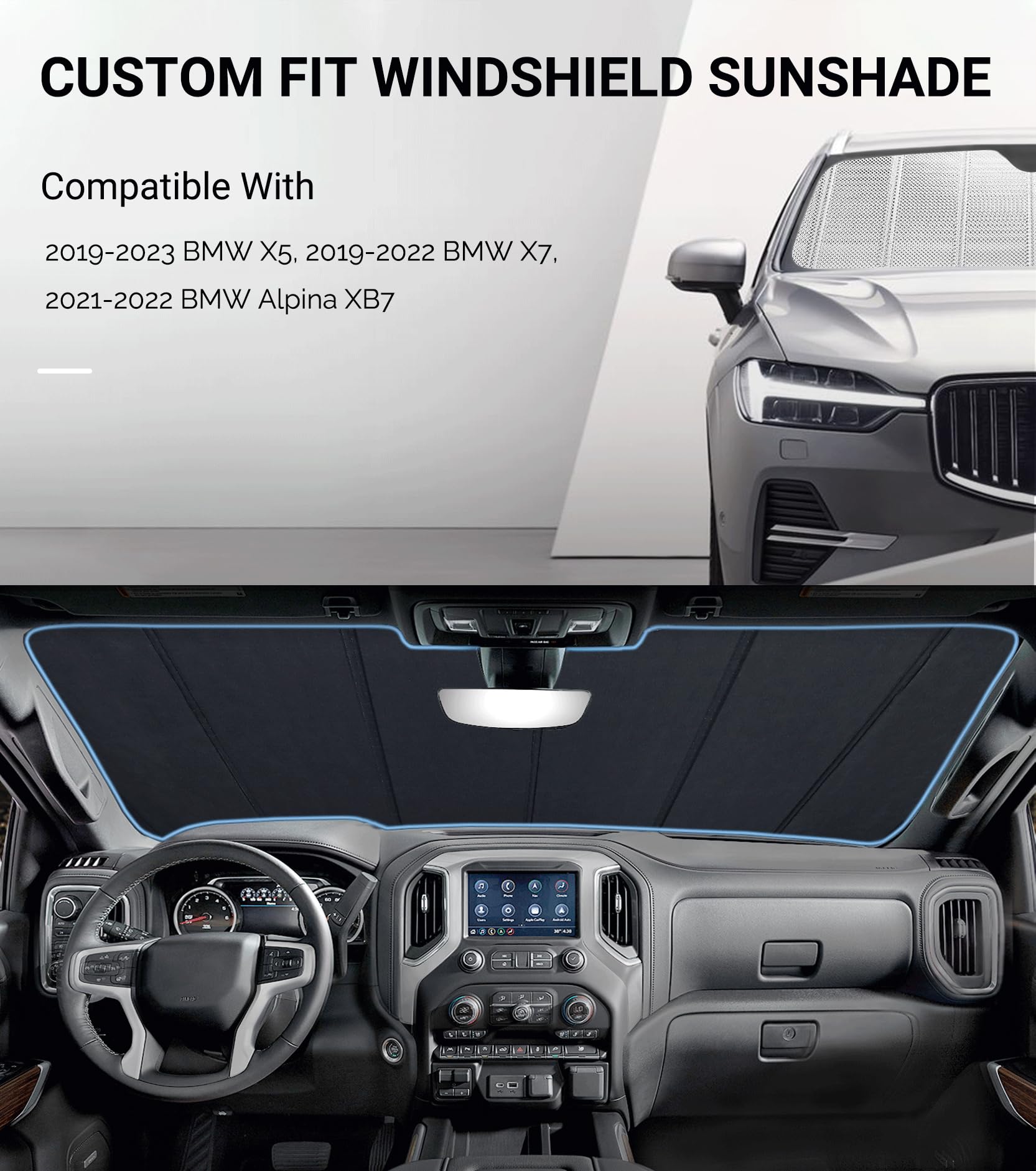 Pigenius Windshield Sun Shade for X5 2019-2023, X7 2019-2022, Alpina XB7 2021-2022. Reflective Aluminum Film Front Window Sunsha