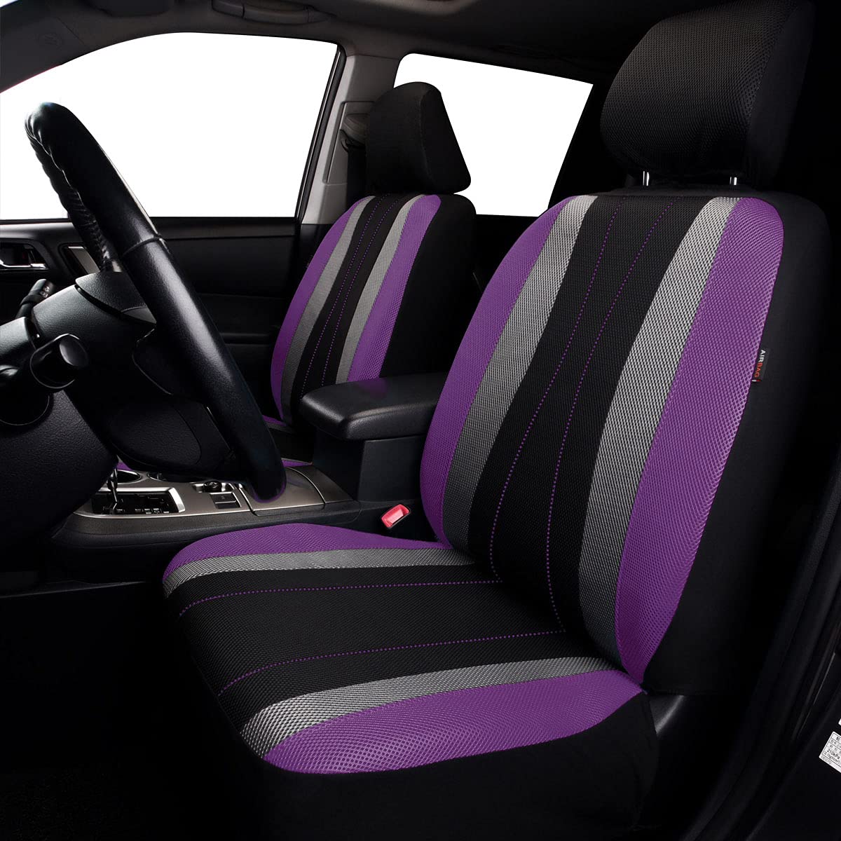 Flying Banner Car Seat Covers Full Set All Air Mesh Breathable Man Lady Airbag Compatible Rear Bench Split 40/60 50/50 60/40 Truck Pick Up (Full Set -- Low Back, Black Gray Purple)