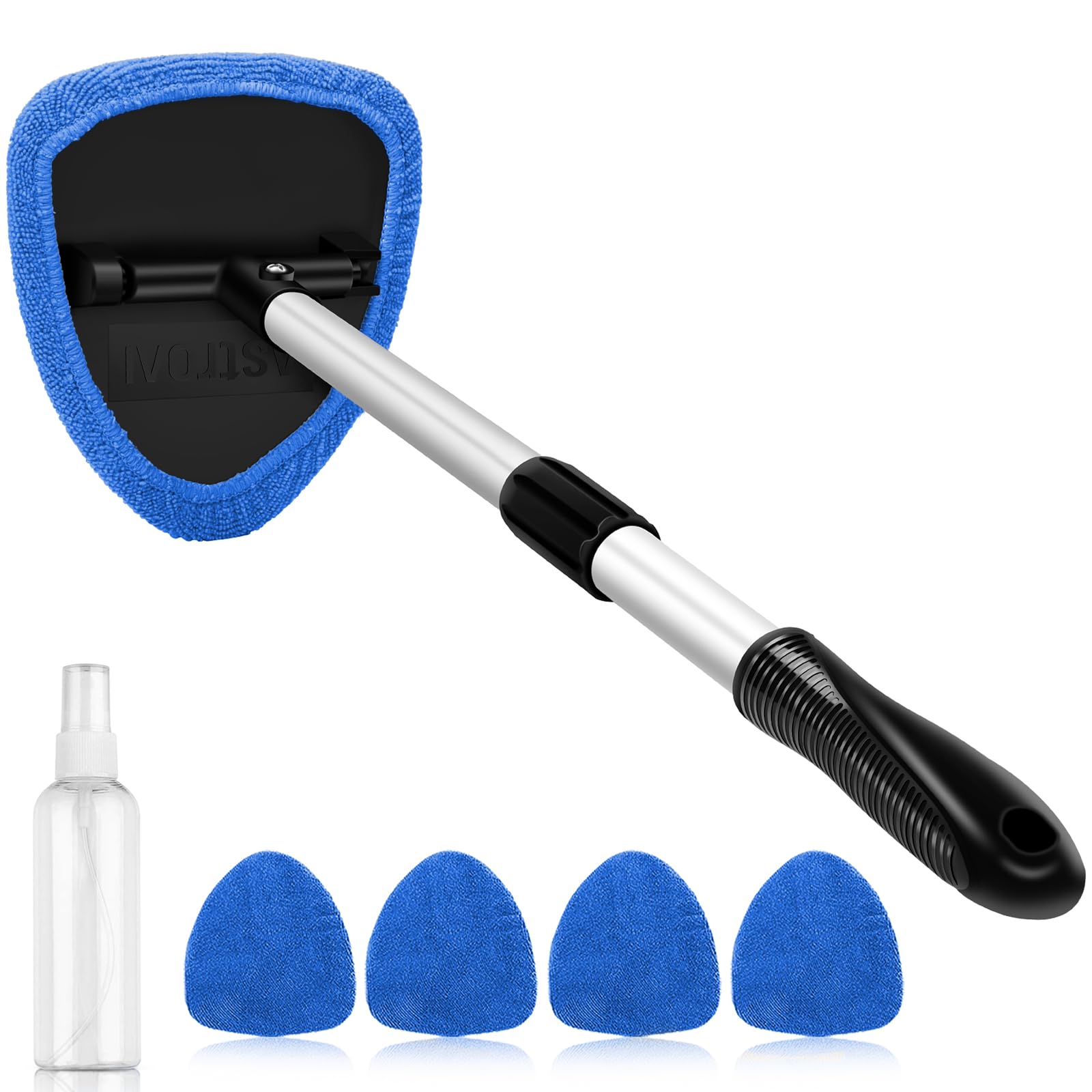 AstroAI Windshield Cleaner Tool, Car Interior Detailing Cleaning Kit with Extendable Handle and 4 Reusable Microfiber Pads, Auto