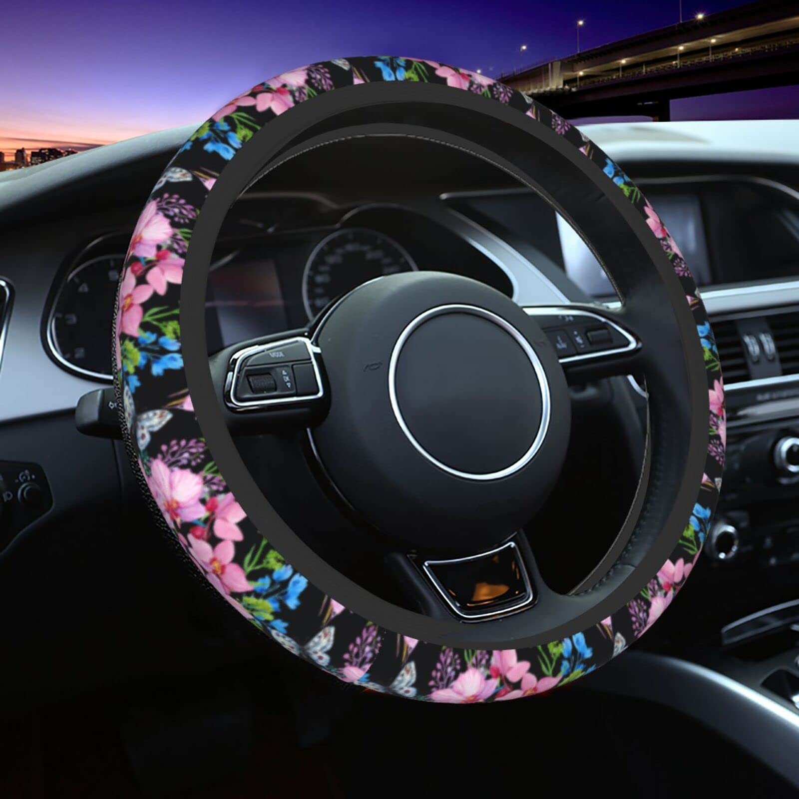 Beautiful Butterfly Steering Wheel Cover for Women Men with 2 Pcs Car Coasters, Universal 14.5-15 Inch Flowers Steering Wheel Co