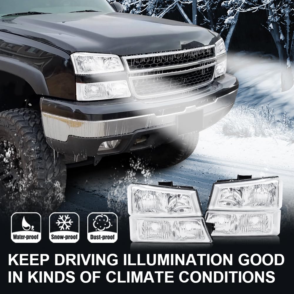 G-Plus Headlights Compatible With Chevy Silverado/Avalanche 1500 2500 2003 2004 2005 2006 Bumper Headlamp, Clear Lens Chrome Hou