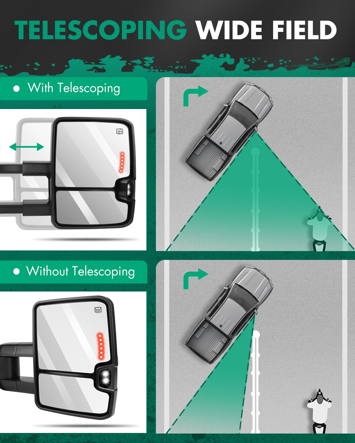 Scitoo Black Side Mirror For 99-02 For Chevy/For Gmc Silverado/Sierra Power Heated Led Turn Signal Towing Mirrors Pair Set