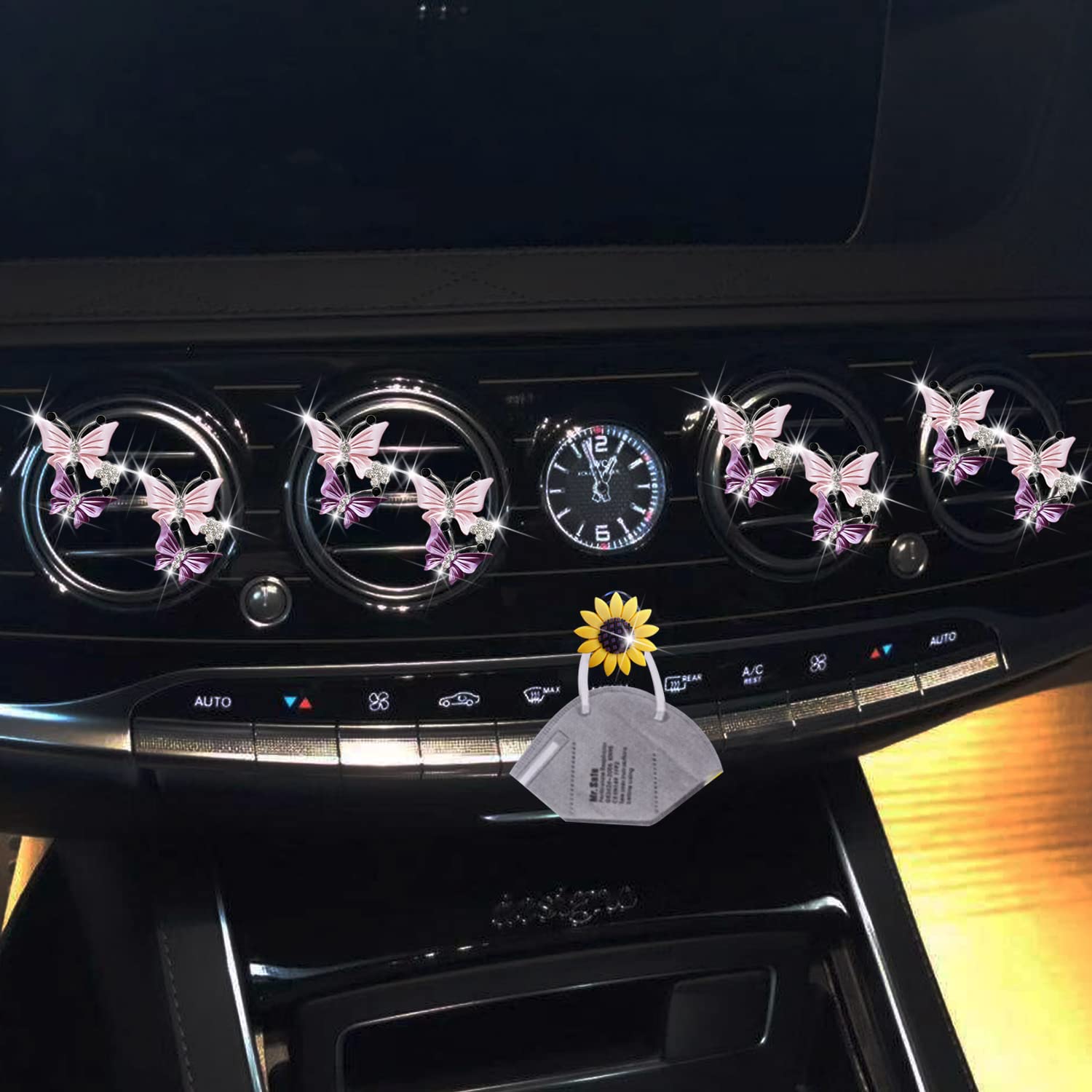 Air Fresheners Vent Clips for Women, 8 Pcs Cute Dual Butterfly Diamond Rhinestone Interior Decor Charm Accessories + Sunflower M
