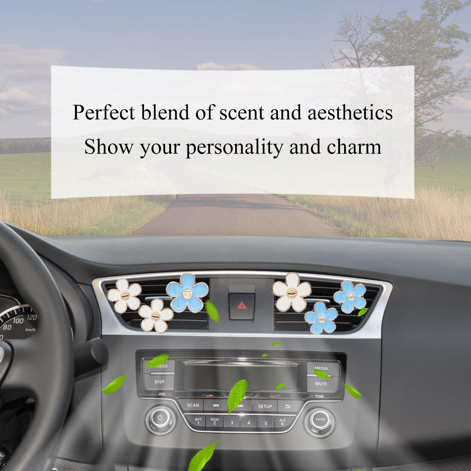 ORIESSE 6pcs Car Air Freshener Clips - Blue & White Daisy, 3.3cm/3cm, Refillable Vent Decor for Women, Model ORICVABIRD