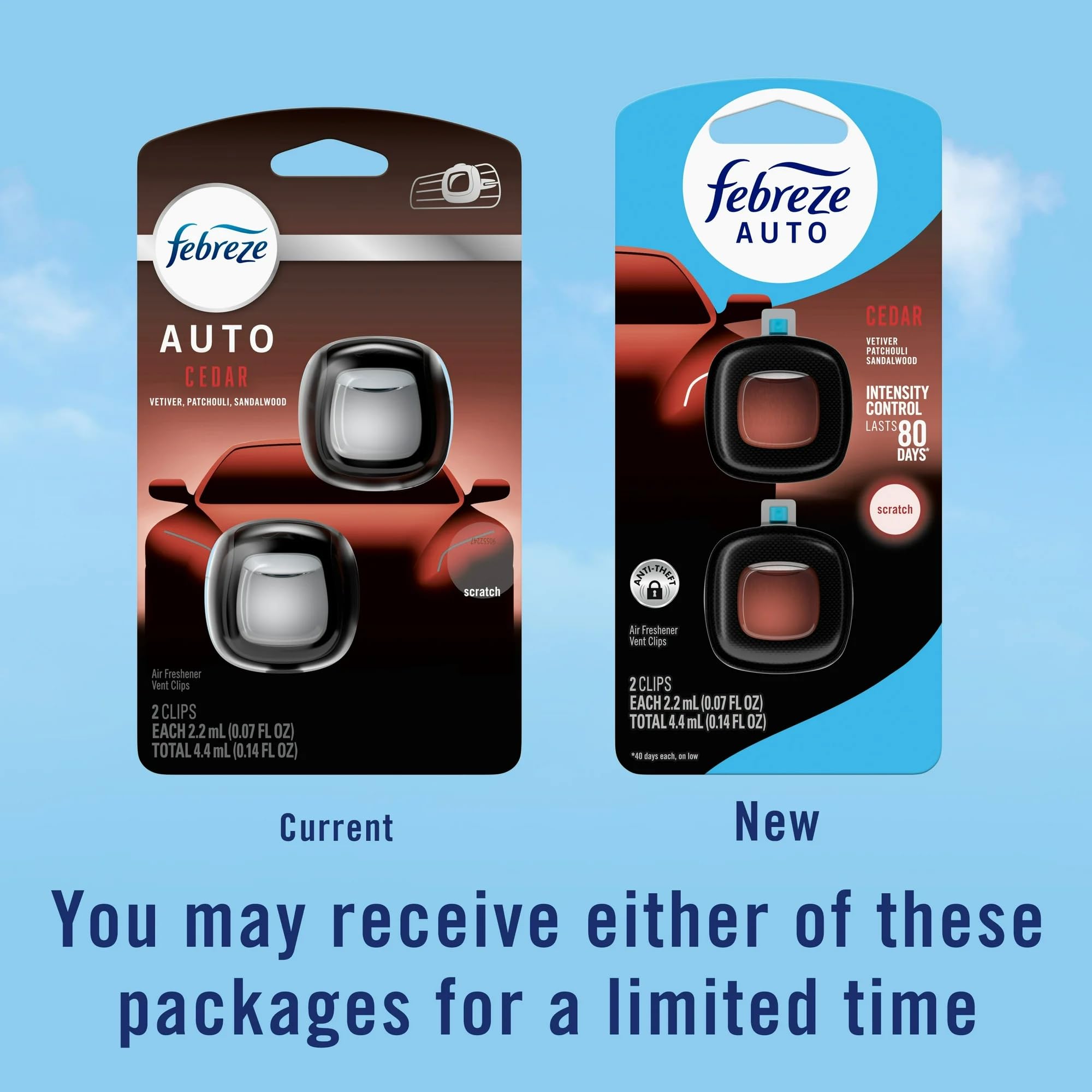 Febreze AUTO Air Freshener Vent Clip Ember, 07 oz. Car Vent Clip, Pack of 2 (CEDAR)