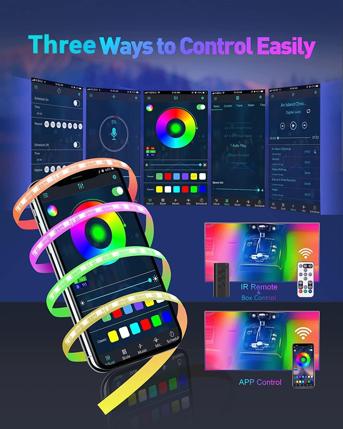 Rgb Interior Car Lights, 2-In-1 Design 4Pcs 48 Led App Control, Remote Control, Music Mode, Diy Mode, Scene Mode, Dc 12V