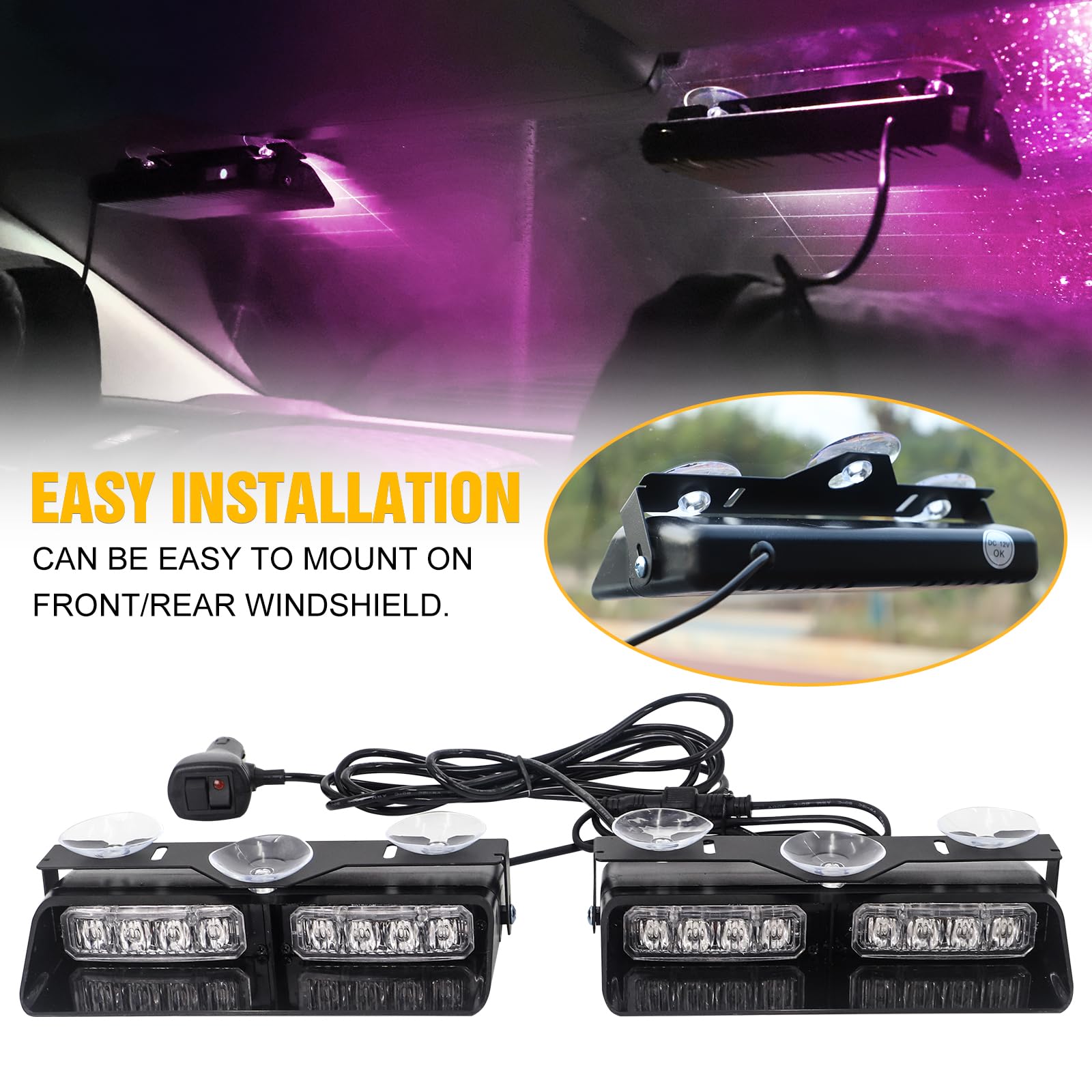 Xridonsen 2 In 1 Emergency Dash Strobe Lights Purple White Interior Front/Rear Windshield Lights Hazard Warning Safety Flashing