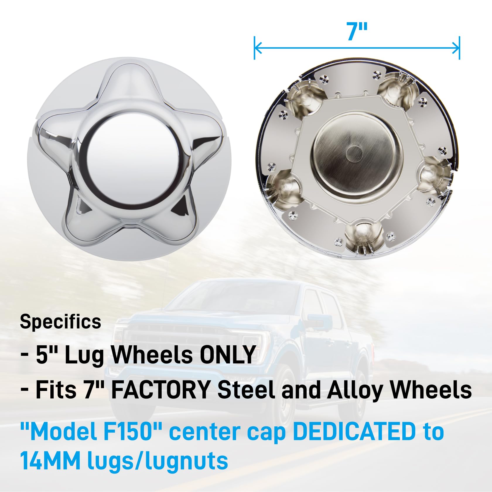 B4B BANG 4 BUCK 4 Packs 7'' Center Cap with 5-Lug Steel Wheel Chrome for Ford 1997-2003 F150 F-150 97-02 Expedition