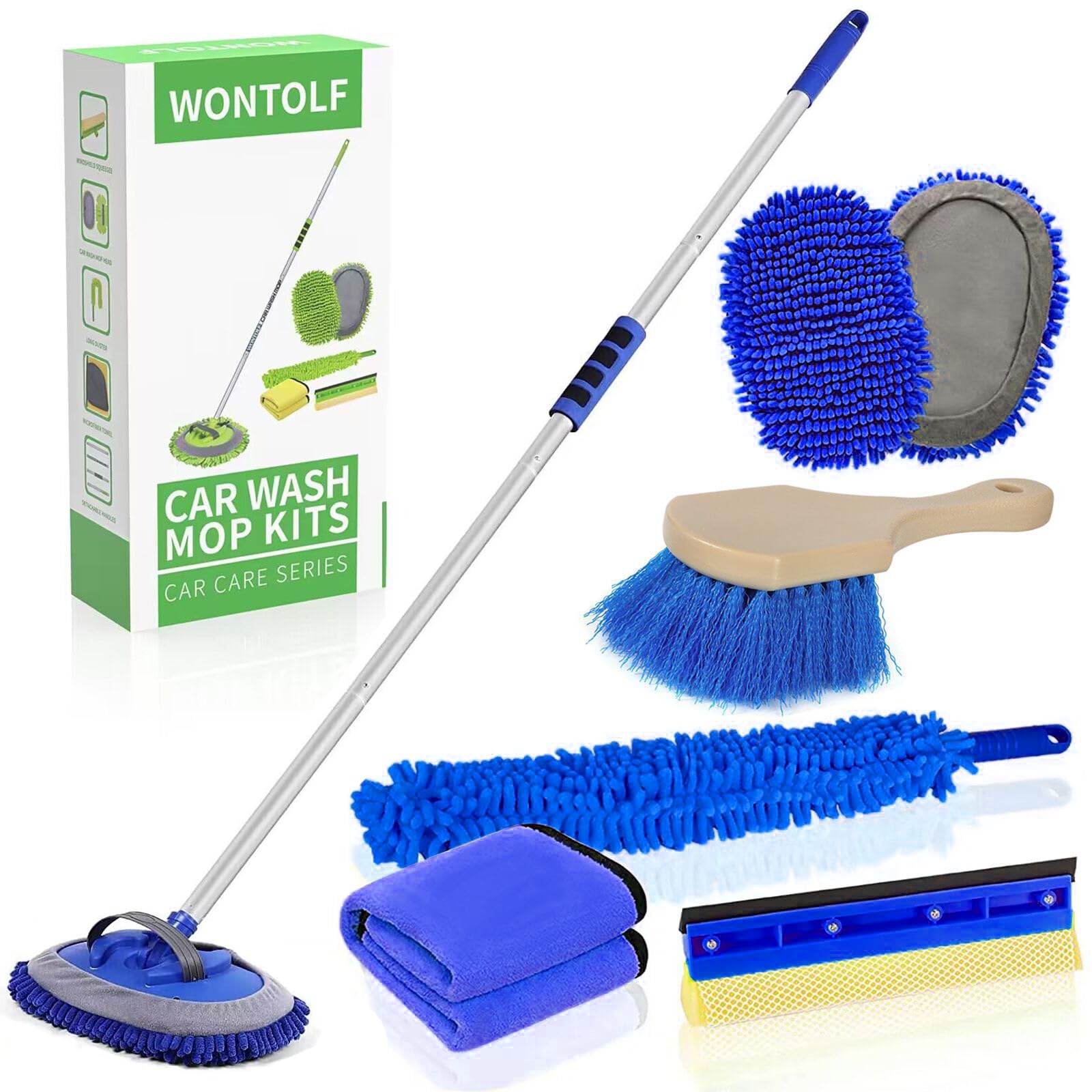 Wontolf 62'' Car Wash Brush With Long Handle Chenille Microfiber Car Wash Mop Mitt Car Cleaning Kit Windshield Window Squeegee C