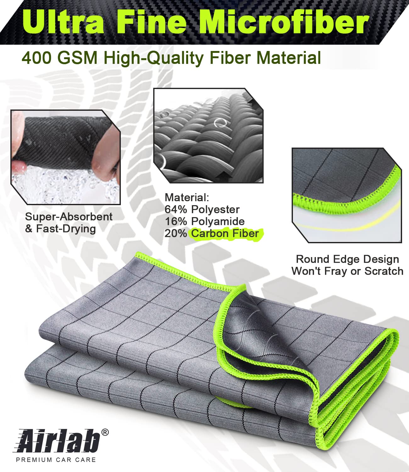 Airlab Carbon Microfiber Towels For Car Glass Window Polishing Cleaning Cloth Auto Detailing Lint Free Streak Free Drying Car Wash Large Towel, Pack Of 2, 20X16, 400Gsm