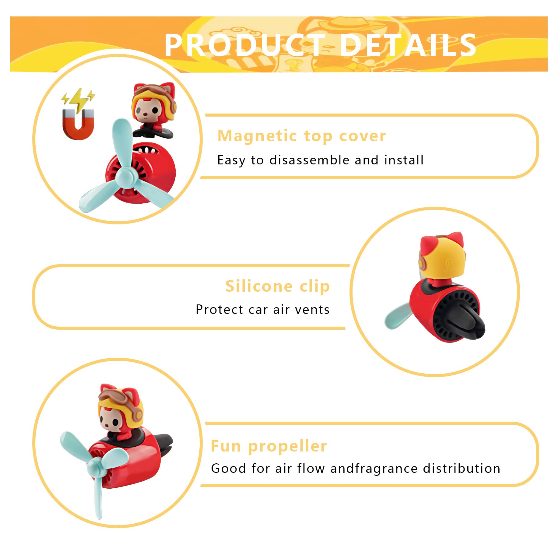 Jimtyee Car Air Fresheners Cute Cartoon Fox Pilot Car Diffuser Rotating Propeller Automotive Air Outlet Fan Creative Car Perfume