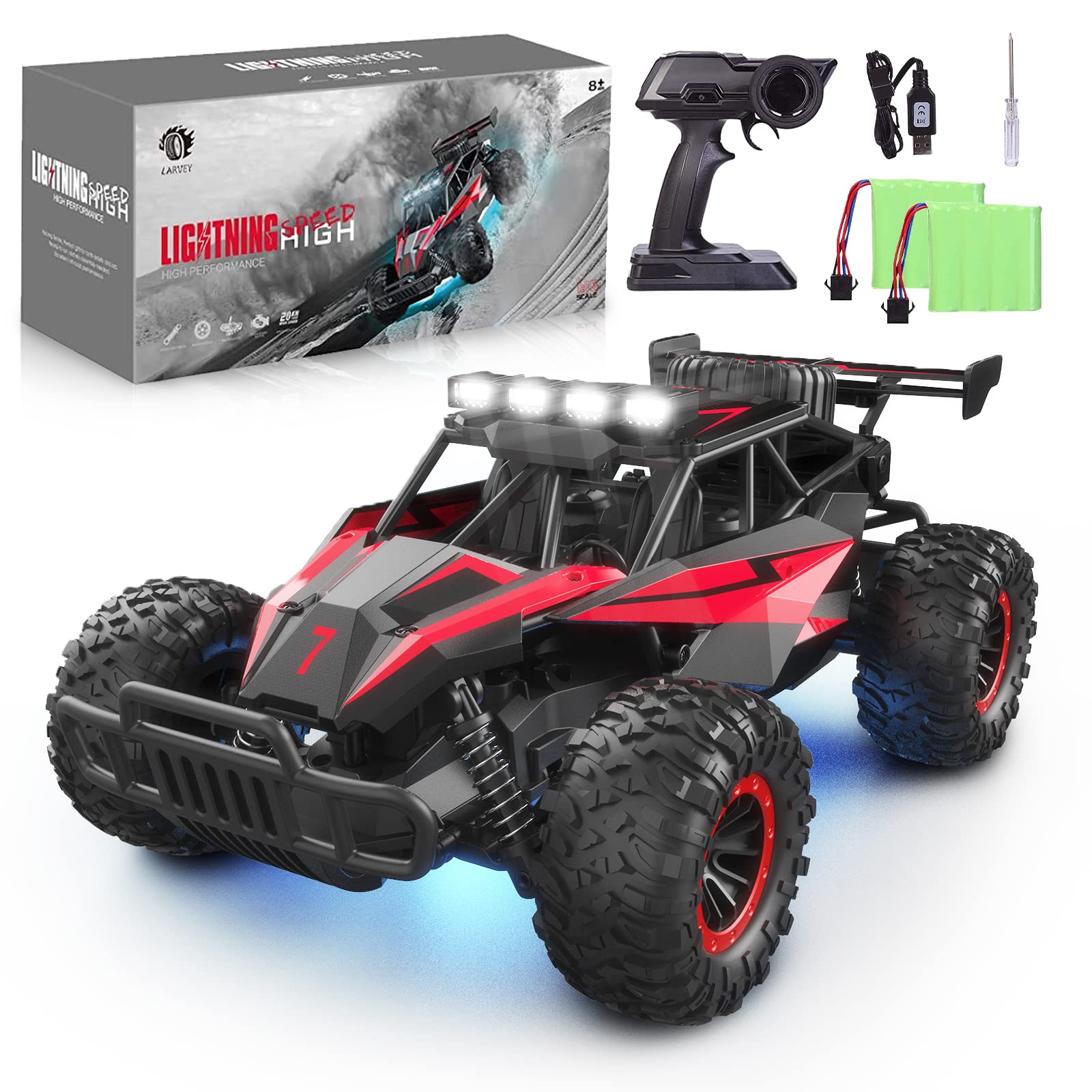 LARVEY 1:16 Scale Remote Control Car  20 Km/h High Speed Remote Control Truck Off Road RC Monster Vehicle with LED Headlights and Chassis Lights  Electric Toy for Boys Kids and Adults-New