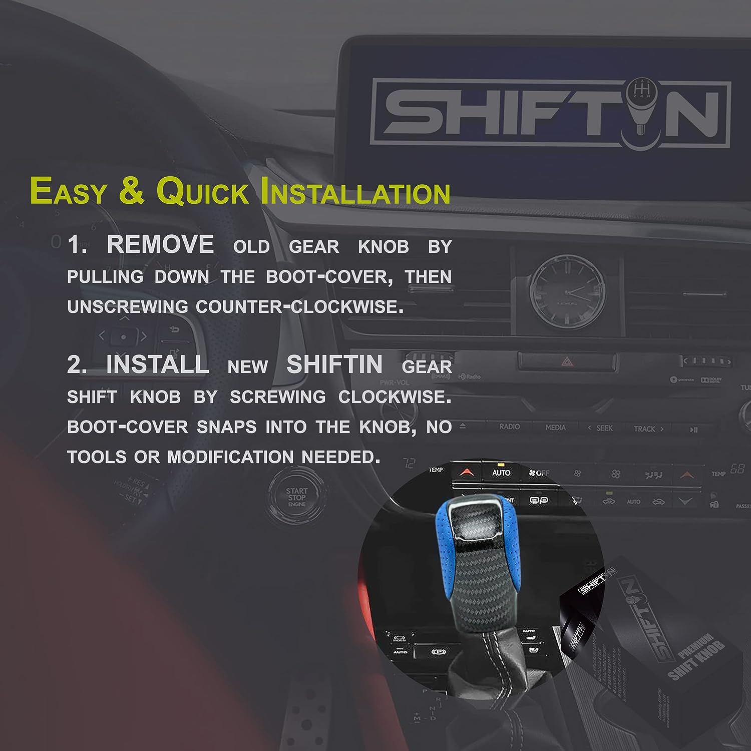 Shiftin Gear Shift Knob Shifter For Lexus Es Gs Gx Is Nx Rc Rx 200T 300 350 3450H 450Hl 350L (Blue Leather/Carbon Fiber Pattern)