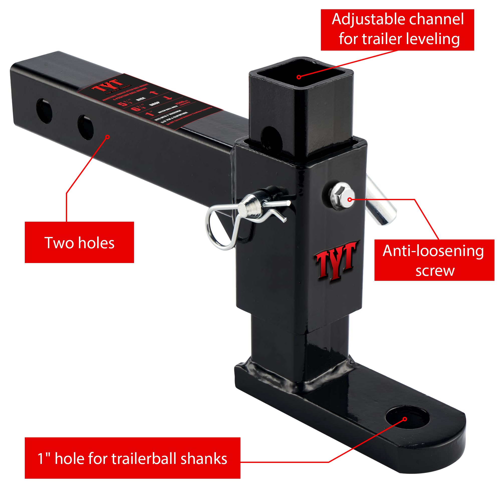 Tyt Adjustable Trailer Hitch Ball Mount With 2 Hitch Pins, 1-Inch Hole, Fits 2-Inch Receiver, 6-1/4'' Rise & 7-1/2'' Drop Tow Hi
