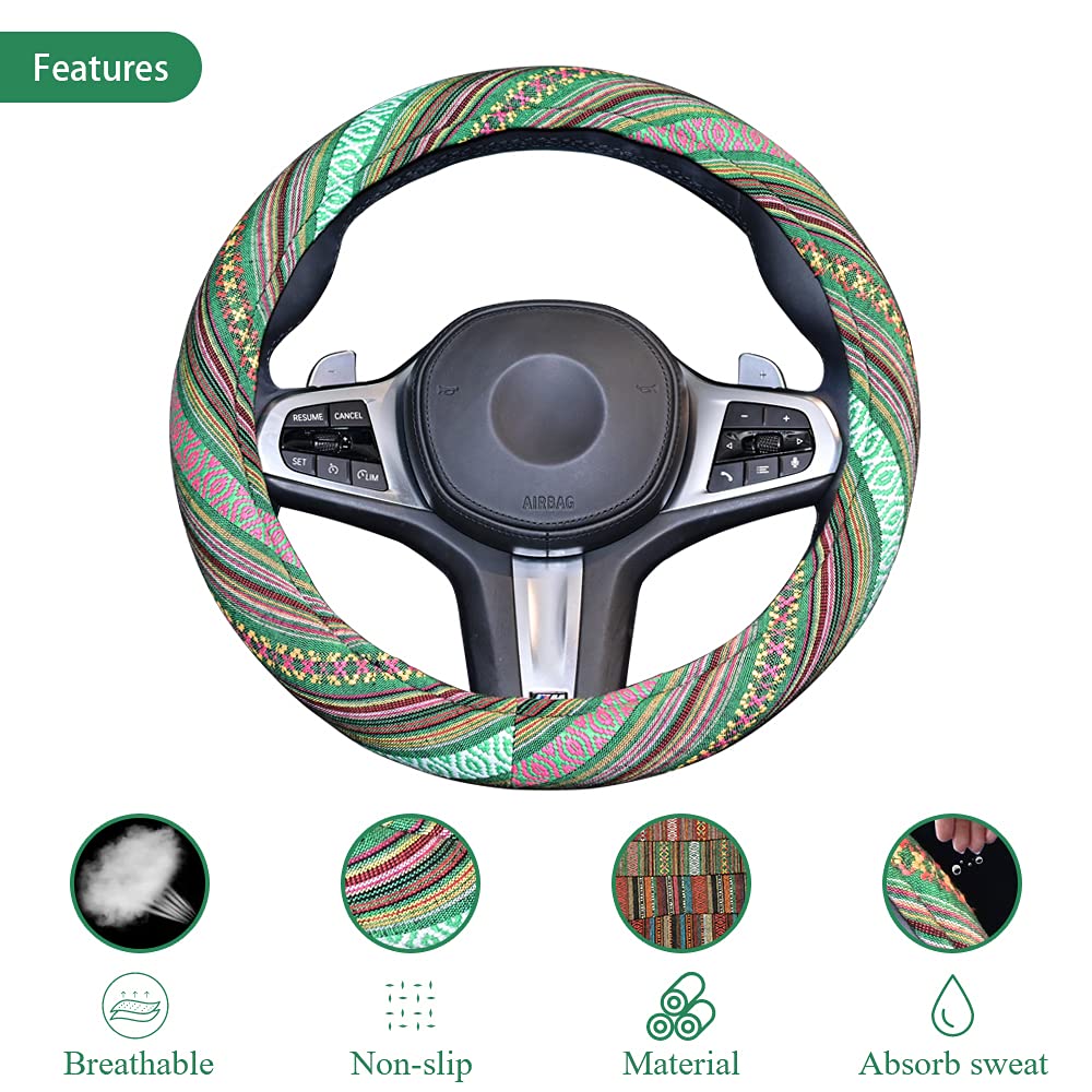 Universal 15Inch Ethnic Style Baja Blanket Steering Wheel Cover With Coarse Flax Cloth And Sweat Absorption Anti Slip Car Wrap (