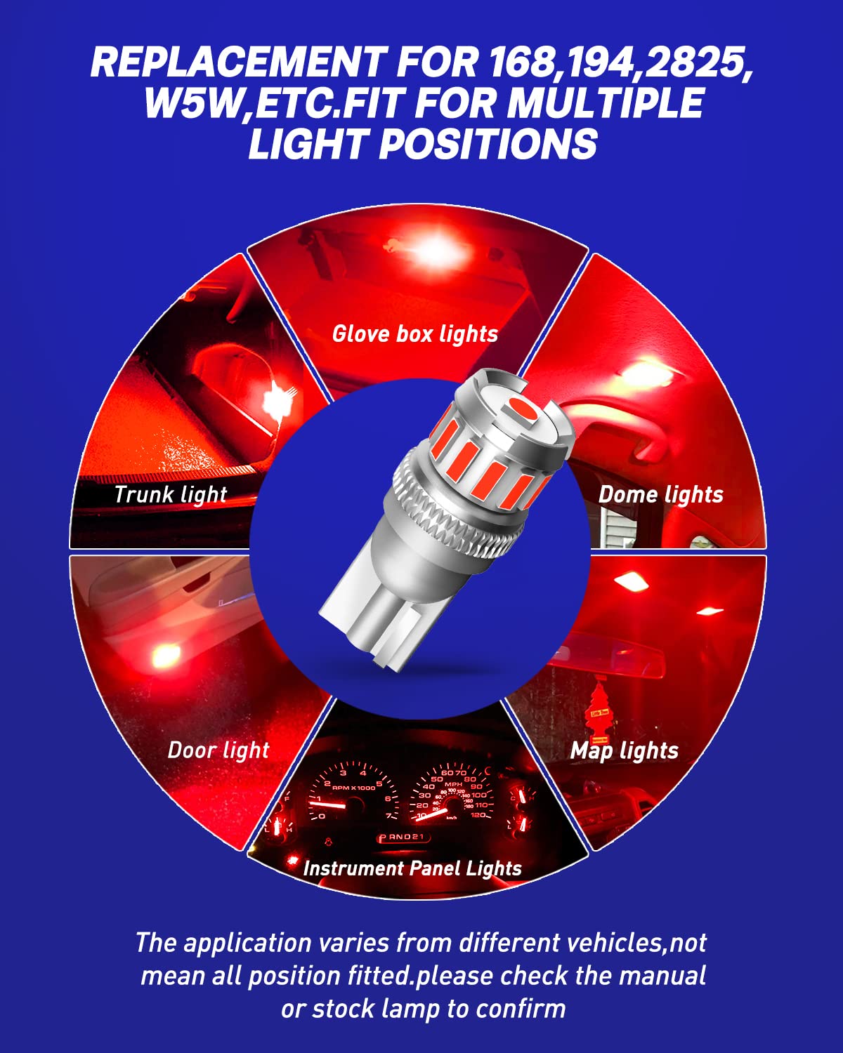 Autoone 194 Led Bulb Red, 300% Brighter T10 168 2825 W5W Led Bulbs For License Plate Light Dome Map Door Courtesy Interior Car L