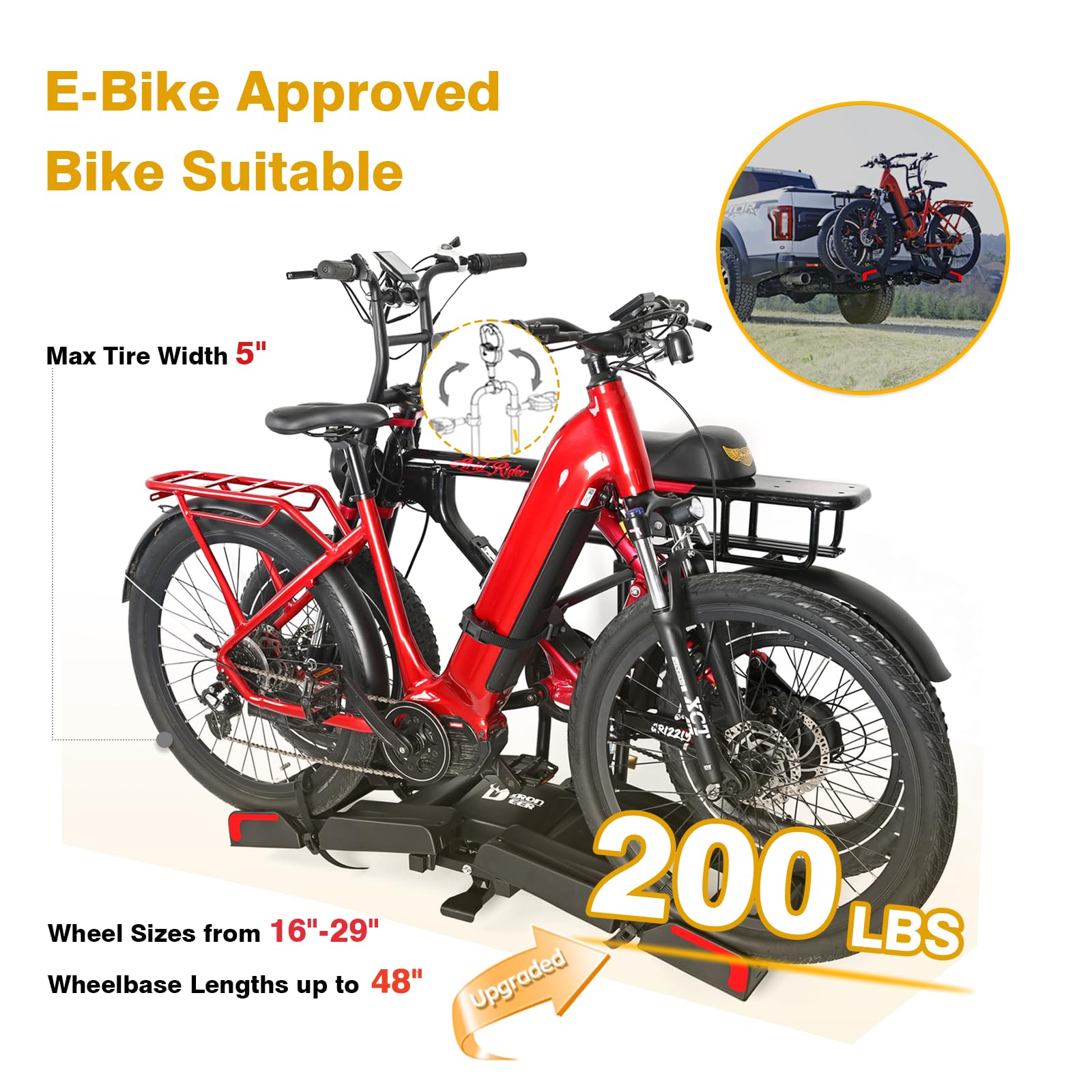 Eco Pro Upgraded 200lbs EBike Rack with Ramp for 2 E-Bikes, Hitch EBike Rack for Cars SUVs Trucks, Foldable Tilting Bike Rack Pl